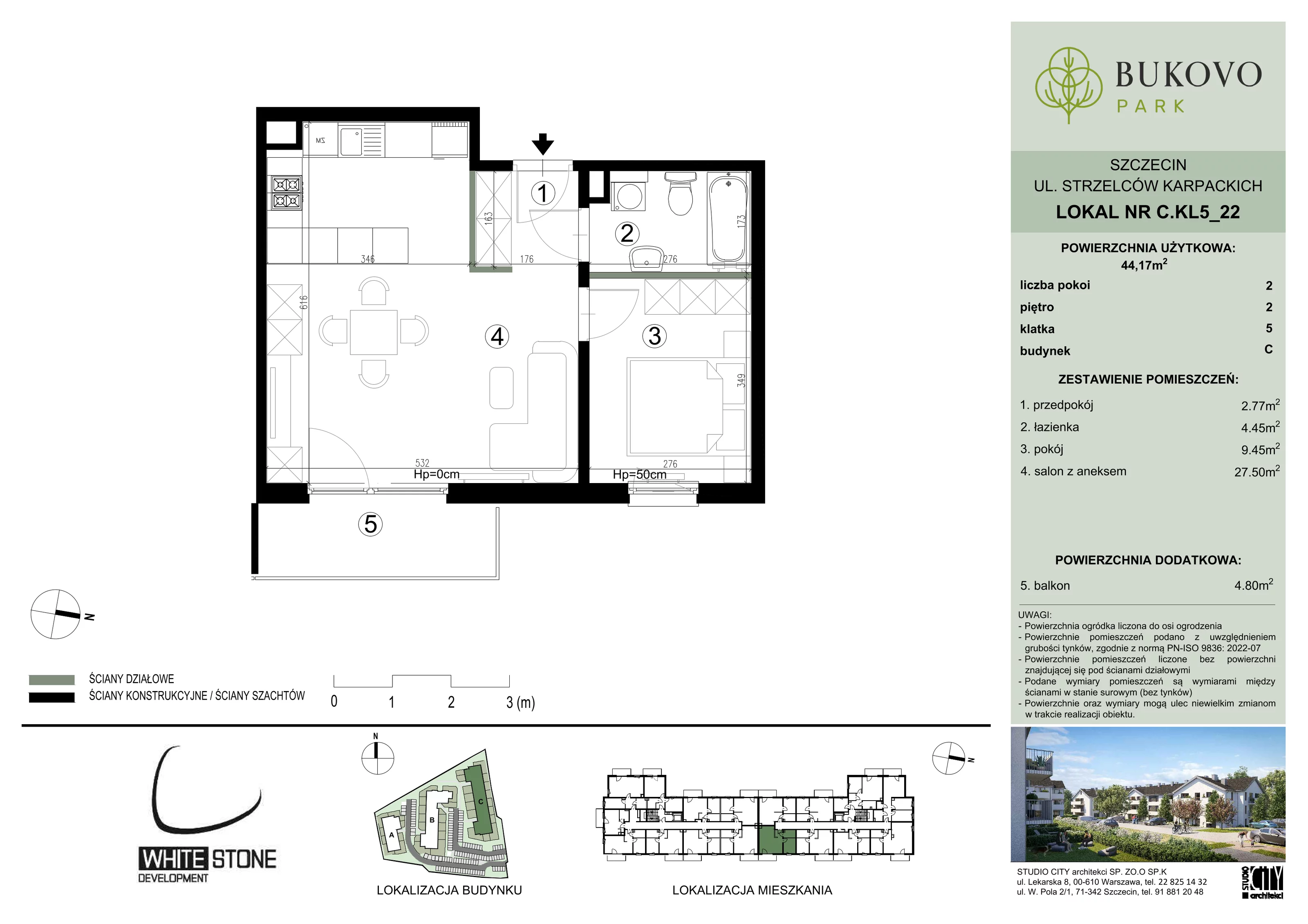 2 pokoje, mieszkanie 44,17 m², piętro 2, oferta nr C_5_22, Bukovo Park, Szczecin, Północ, Bukowo, ul. Strzelców Karpackich