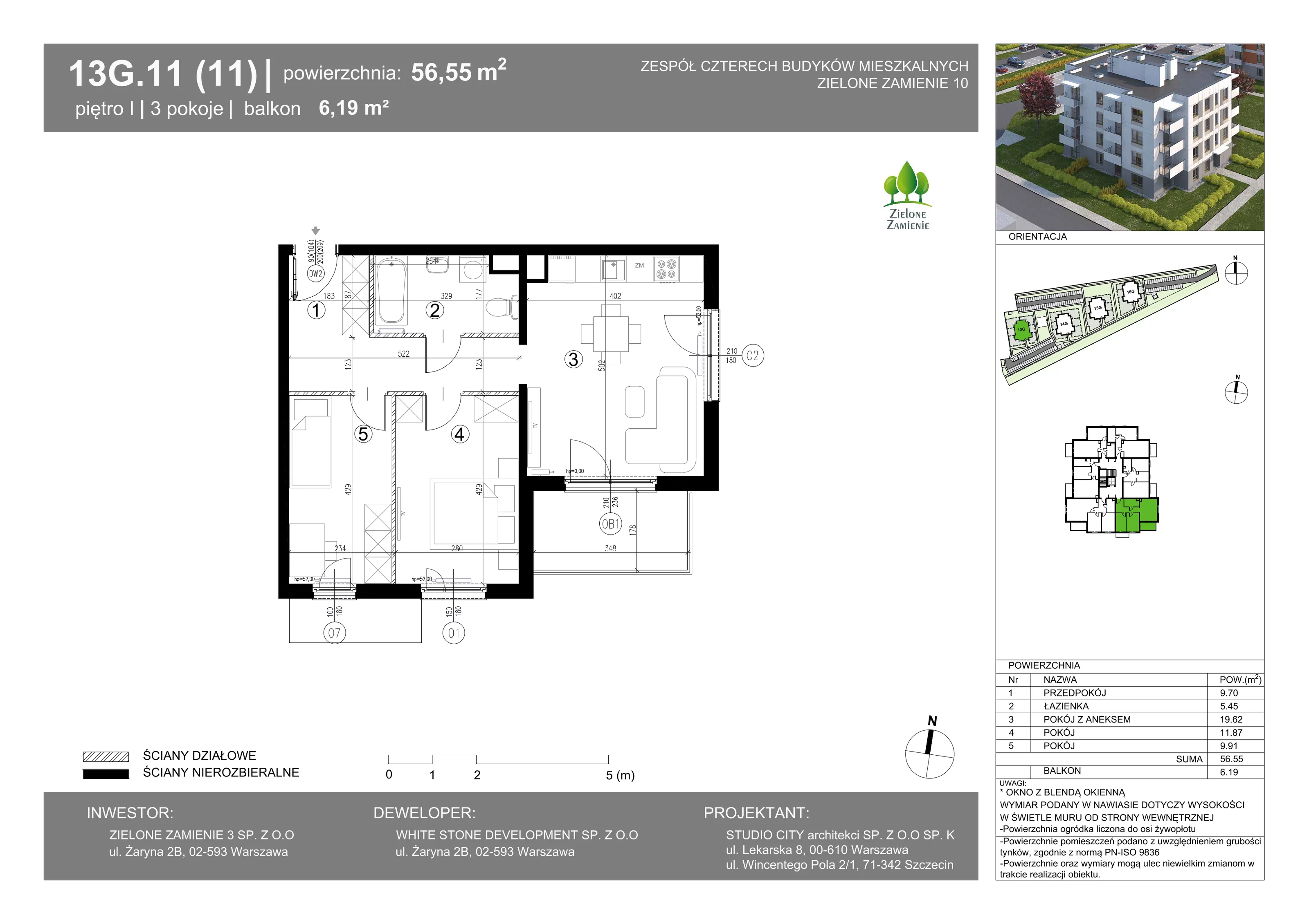 3 pokoje, mieszkanie 56,55 m², piętro 1, oferta nr 13G.11, Zielone Zamienie X, Zamienie, ul. Czekoladowa / Herbaciana