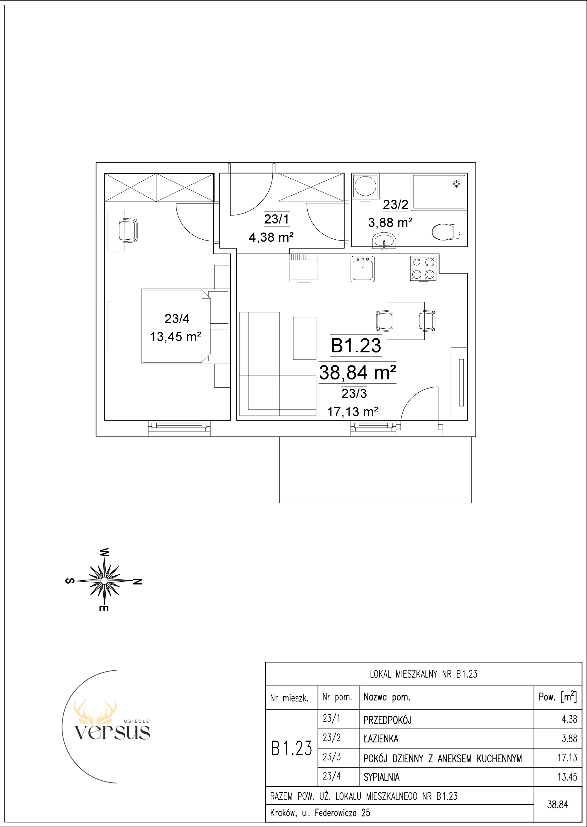 Mieszkanie 38,84 m², piętro 1, oferta nr B1/M.23, Osiedle Versus, Kraków, Dębniki, ul. Jana Kantego Federowicza