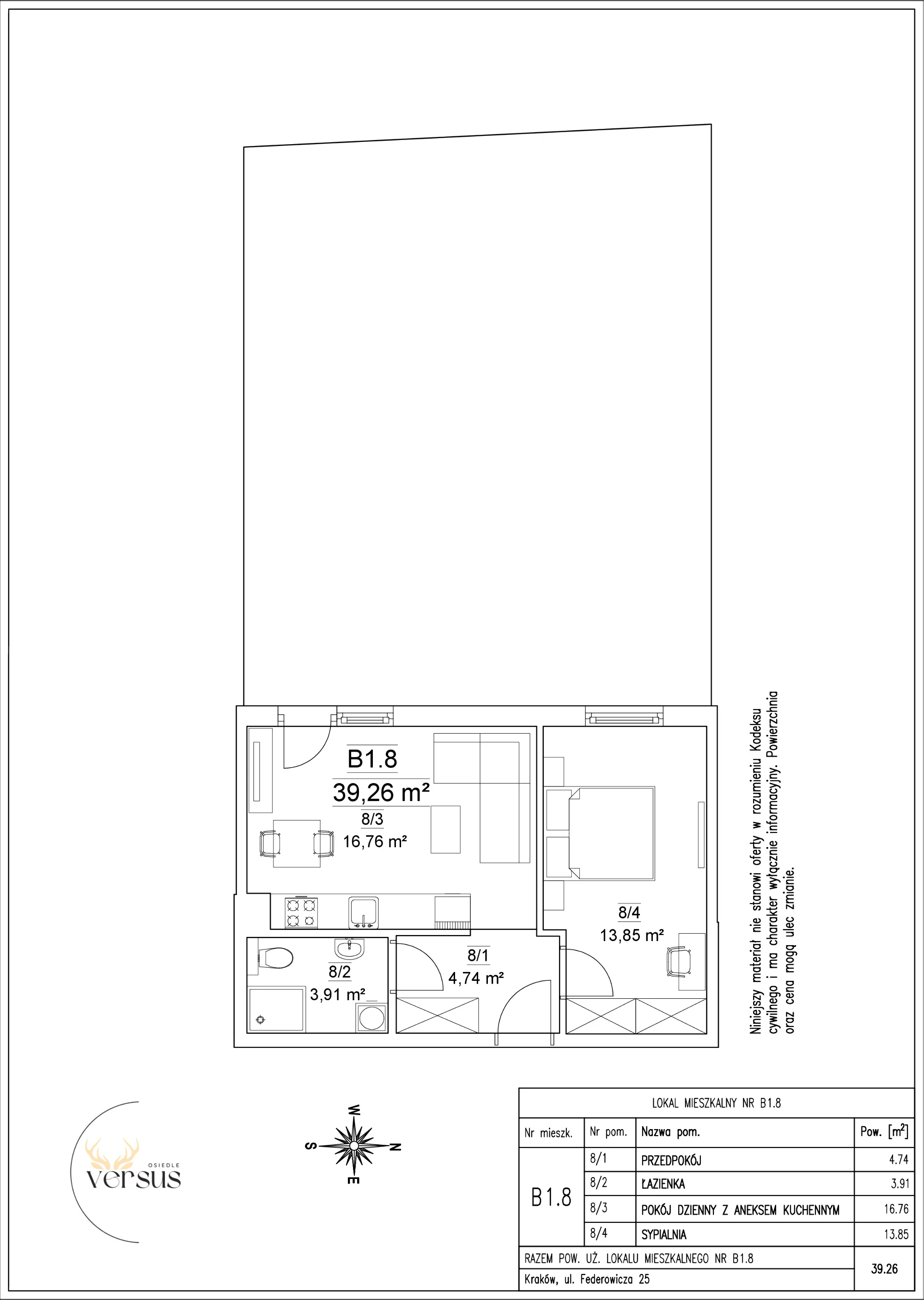 Mieszkanie 39,26 m², parter, oferta nr B1/M.8, Osiedle Versus, Kraków, Dębniki, ul. Jana Kantego Federowicza