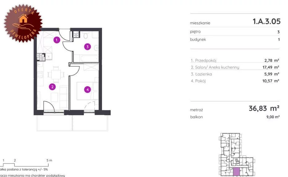 Mieszkanie dwupokojowe 36,62 m², Łódź, Polesie, al. 1 Maja, Sprzedaż