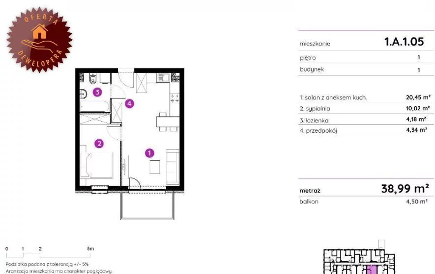 Mieszkanie dwupokojowe 38,99 m², Łódź, Polesie, gen. Walerego Wróblewskiego, Sprzedaż