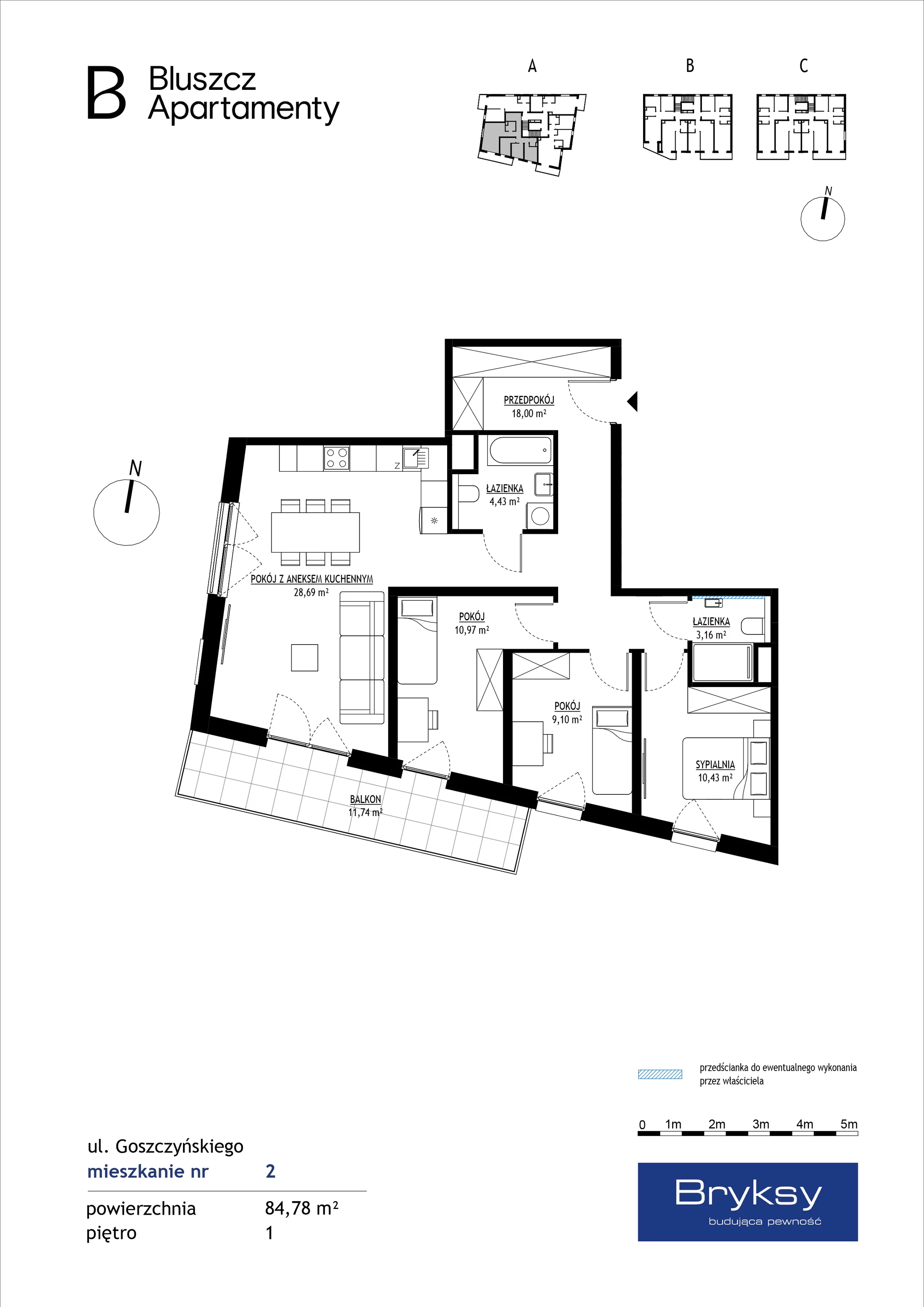 4 pokoje, mieszkanie 84,78 m², piętro 1, oferta nr M2, Bluszcz Apartamenty, Kraków, Podgórze,  ul. Goszczyńskiego
