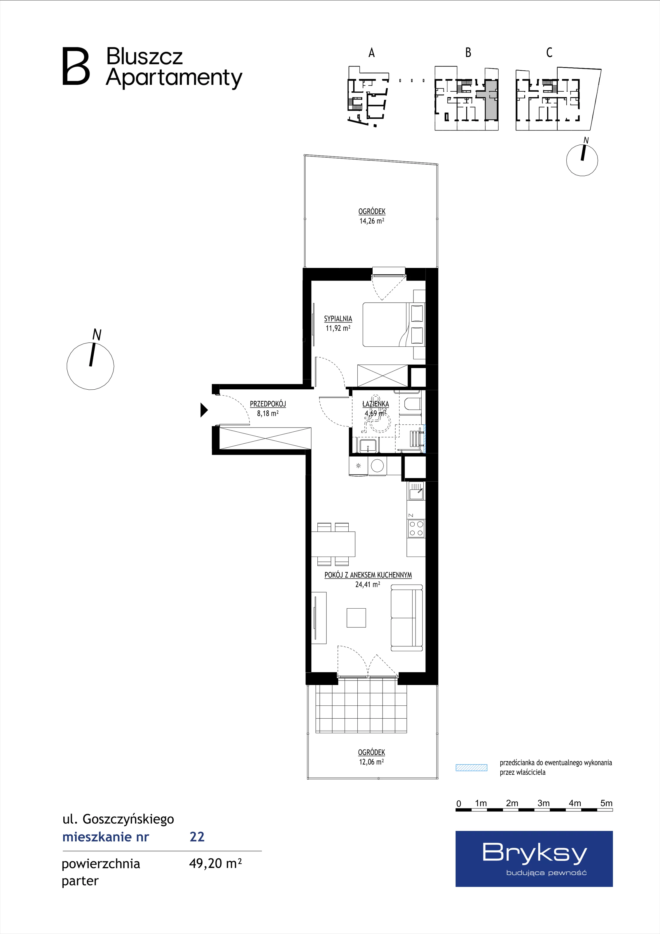 2 pokoje, mieszkanie 49,20 m², parter, oferta nr M22, Bluszcz Apartamenty, Kraków, Podgórze, ul. Goszczyńskiego