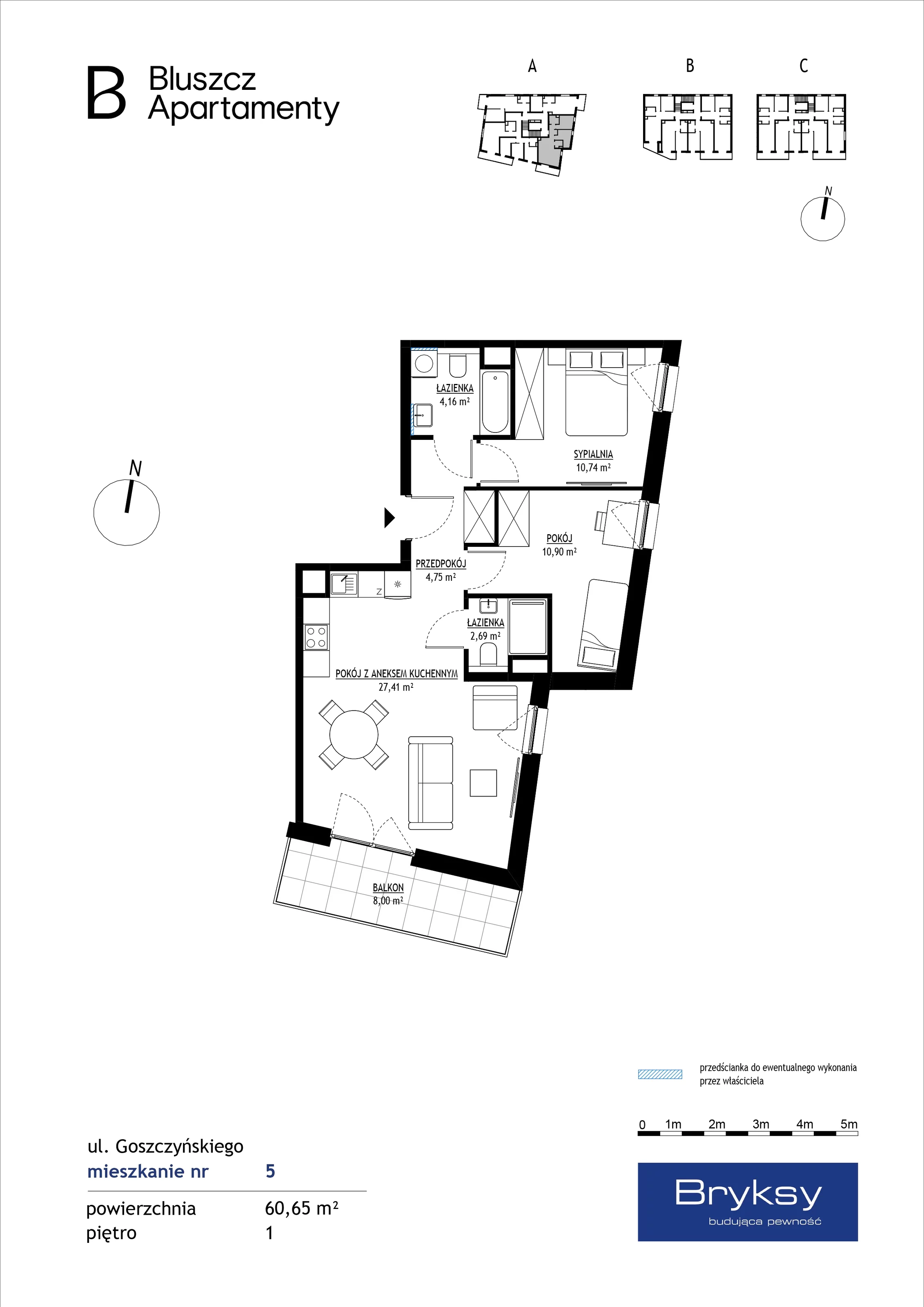 3 pokoje, mieszkanie 60,65 m², piętro 1, oferta nr M5, Bluszcz Apartamenty, Kraków, Podgórze,  ul. Goszczyńskiego