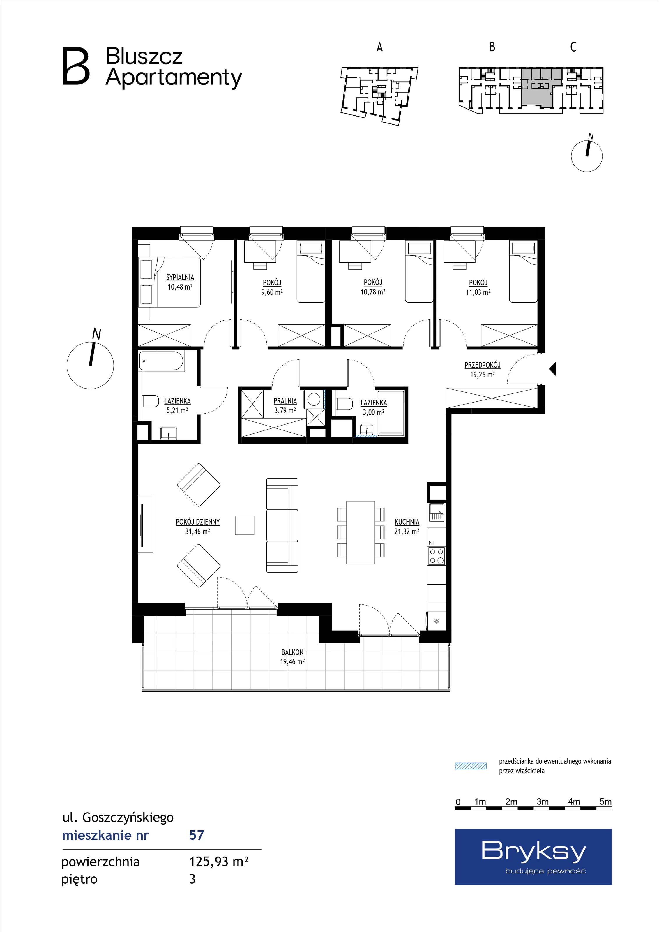 5 pokoi, mieszkanie 125,93 m², piętro 3, oferta nr M57, Bluszcz Apartamenty, Kraków, Podgórze, ul. Goszczyńskiego