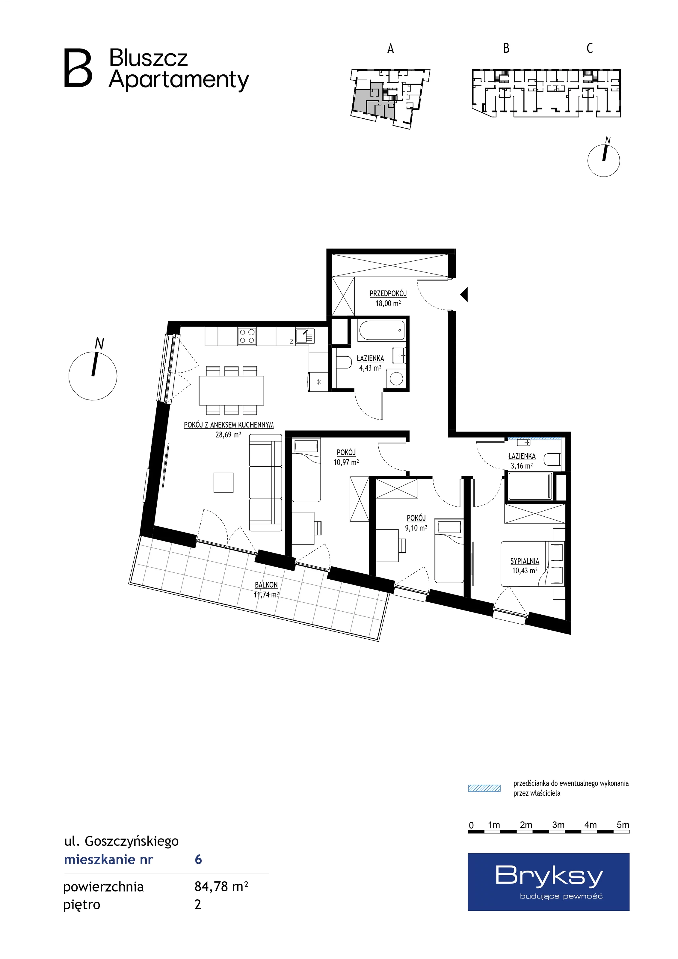 4 pokoje, mieszkanie 84,78 m², piętro 2, oferta nr M6, Bluszcz Apartamenty, Kraków, Podgórze,  ul. Goszczyńskiego