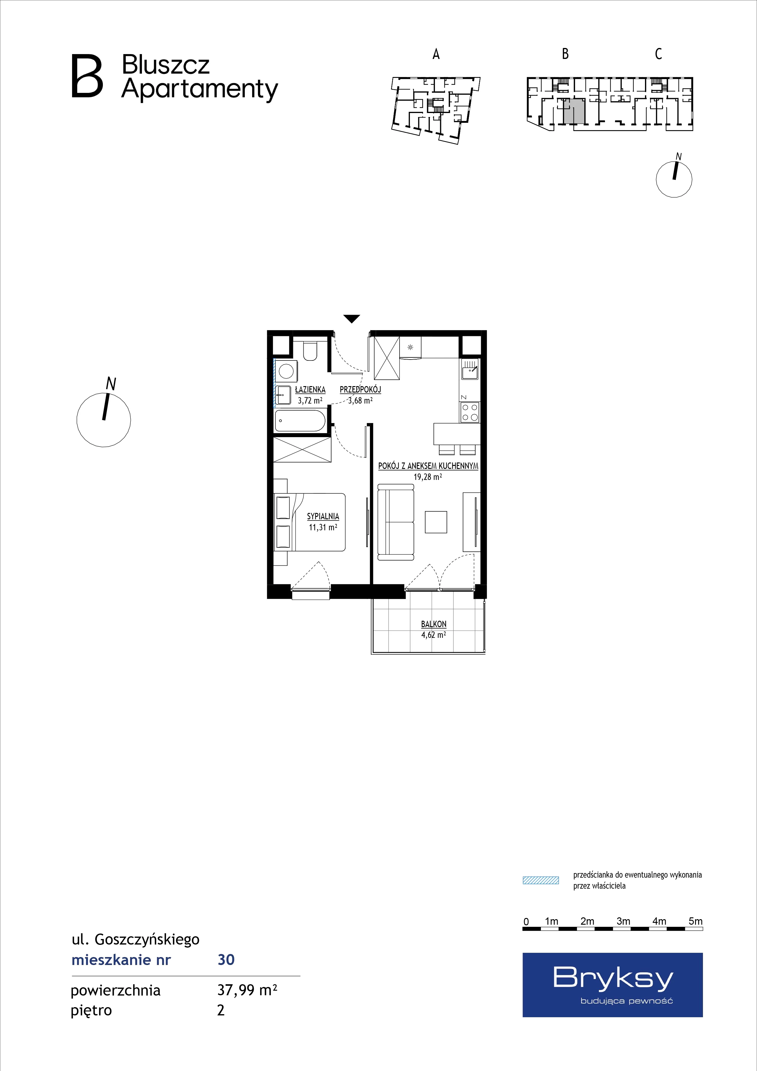 2 pokoje, mieszkanie 37,99 m², piętro 2, oferta nr M30, Bluszcz Apartamenty, Kraków, Podgórze,  ul. Goszczyńskiego