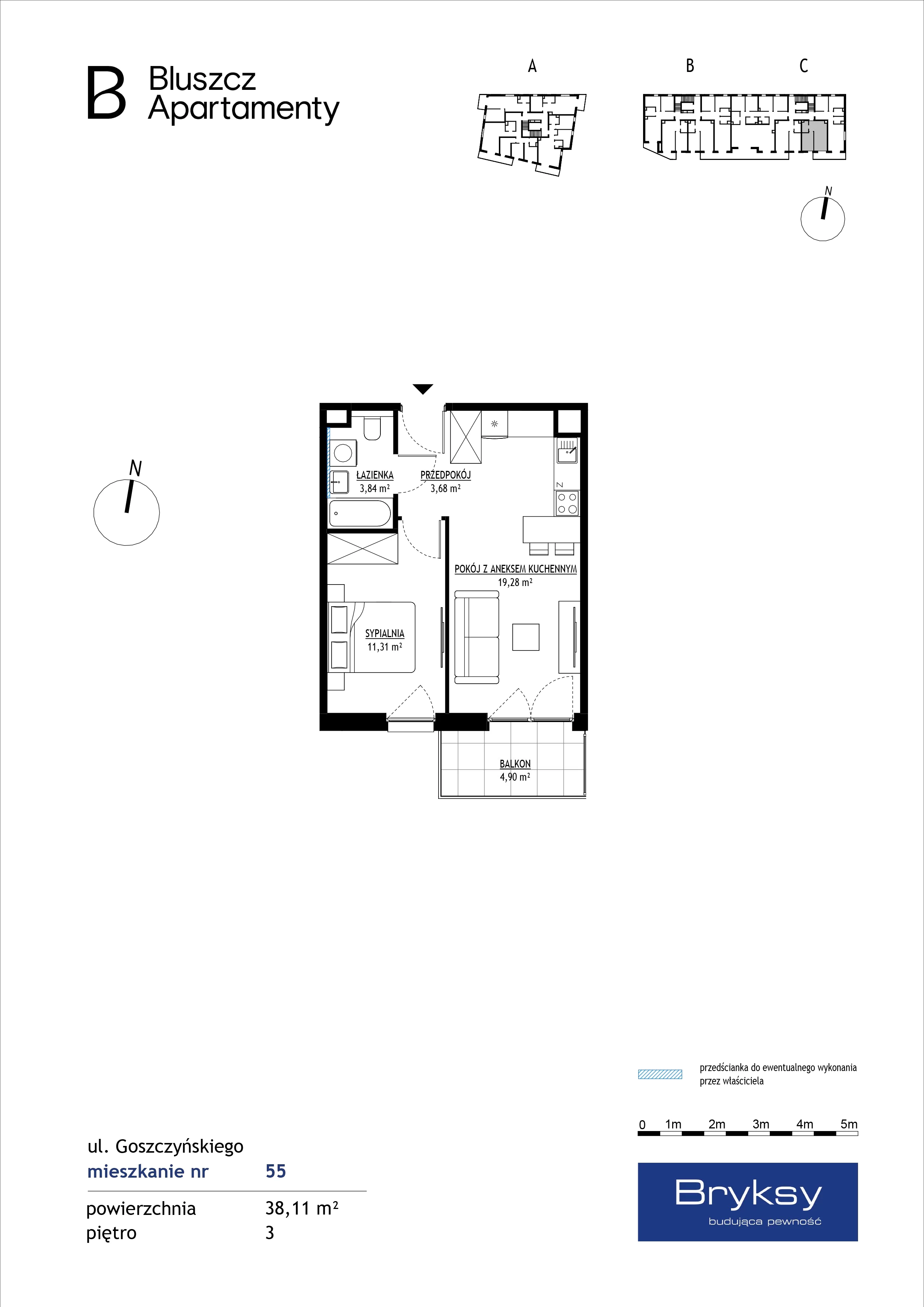 2 pokoje, mieszkanie 38,11 m², piętro 3, oferta nr M55, Bluszcz Apartamenty, Kraków, Podgórze, ul. Goszczyńskiego