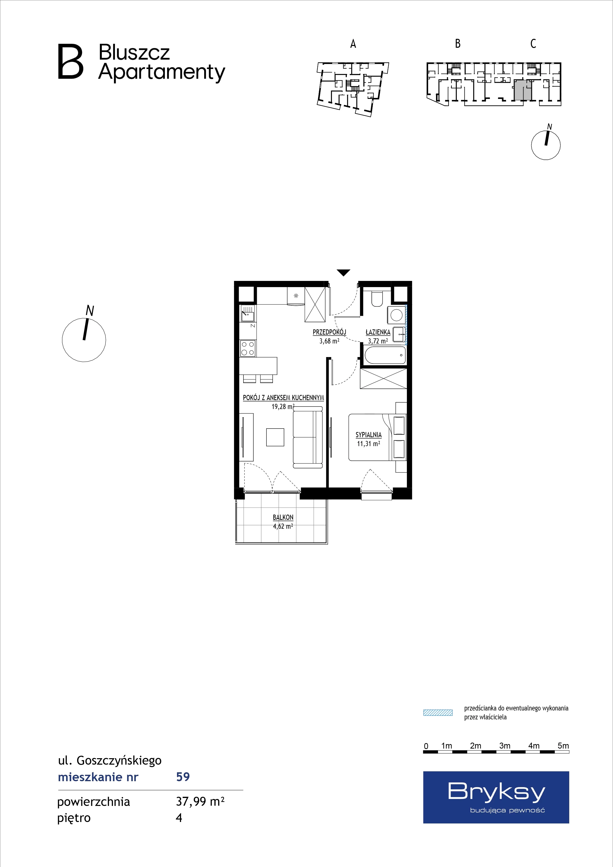 2 pokoje, mieszkanie 37,99 m², piętro 4, oferta nr M59, Bluszcz Apartamenty, Kraków, Podgórze, ul. Goszczyńskiego