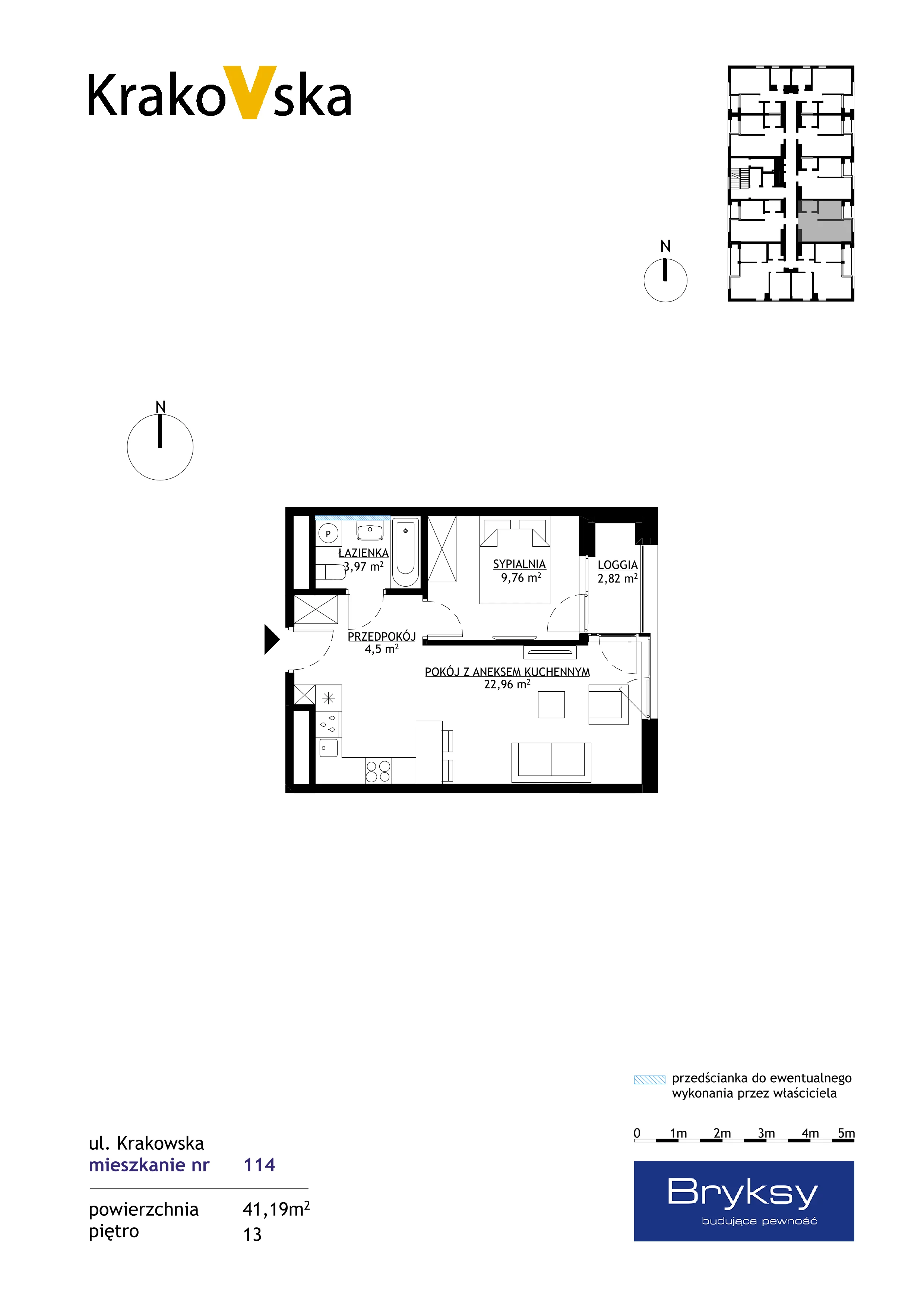 2 pokoje, mieszkanie 41,19 m², piętro 13, oferta nr M114, KrakoVska - Etap II, Rzeszów, Krakowska-Południe, ul. Krakowska 31