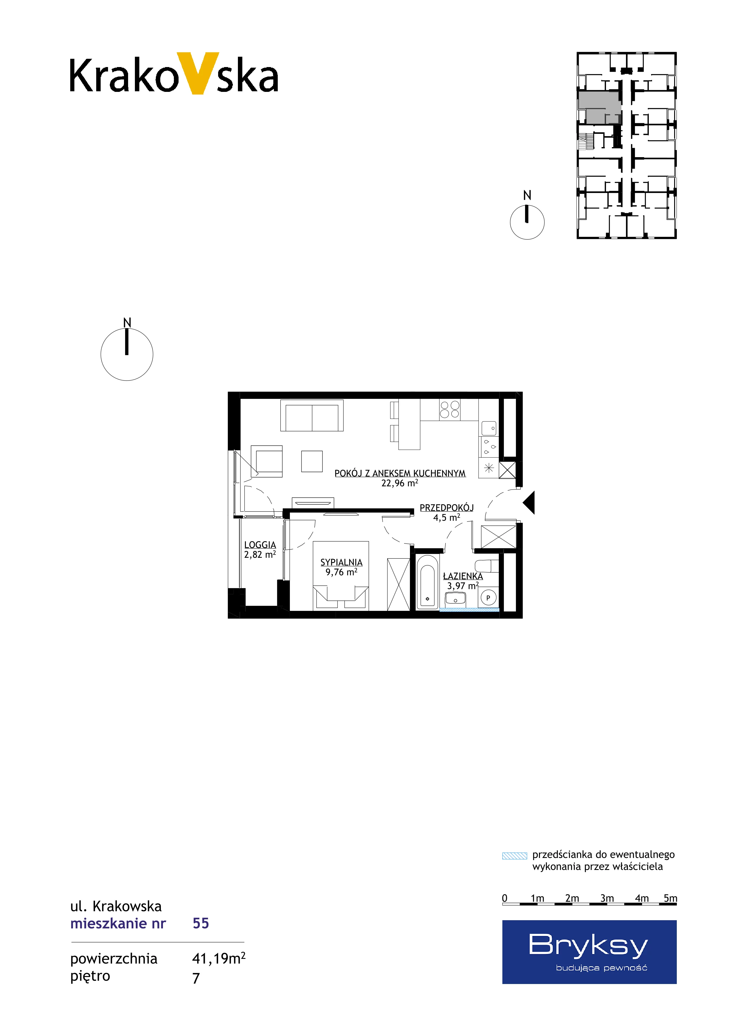 2 pokoje, mieszkanie 41,19 m², piętro 7, oferta nr M55, KrakoVska - Etap II, Rzeszów, Krakowska-Południe, ul. Krakowska 31