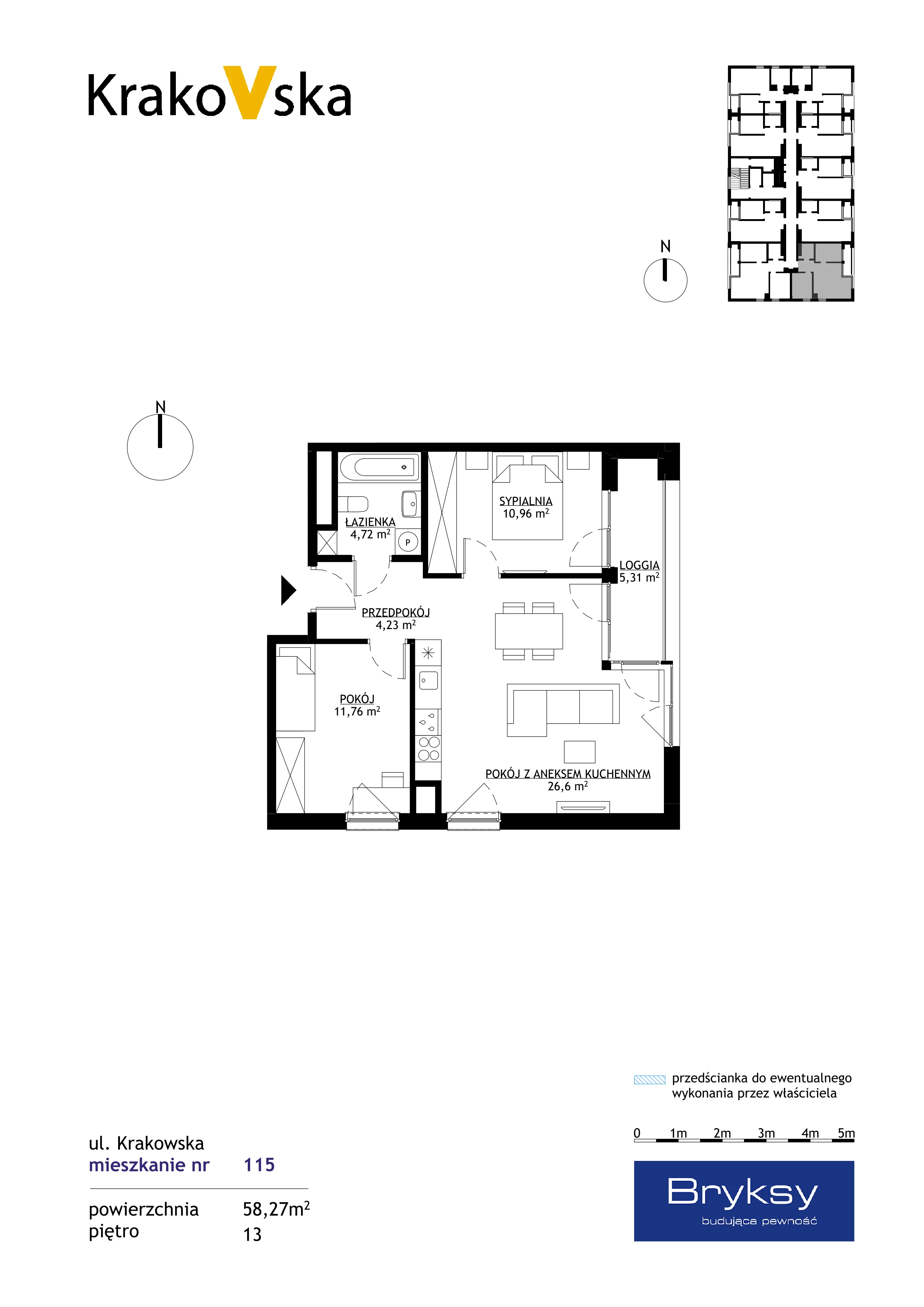 3 pokoje, mieszkanie 58,27 m², piętro 13, oferta nr M115, KrakoVska - Etap II, Rzeszów, Krakowska-Południe, ul. Krakowska 31