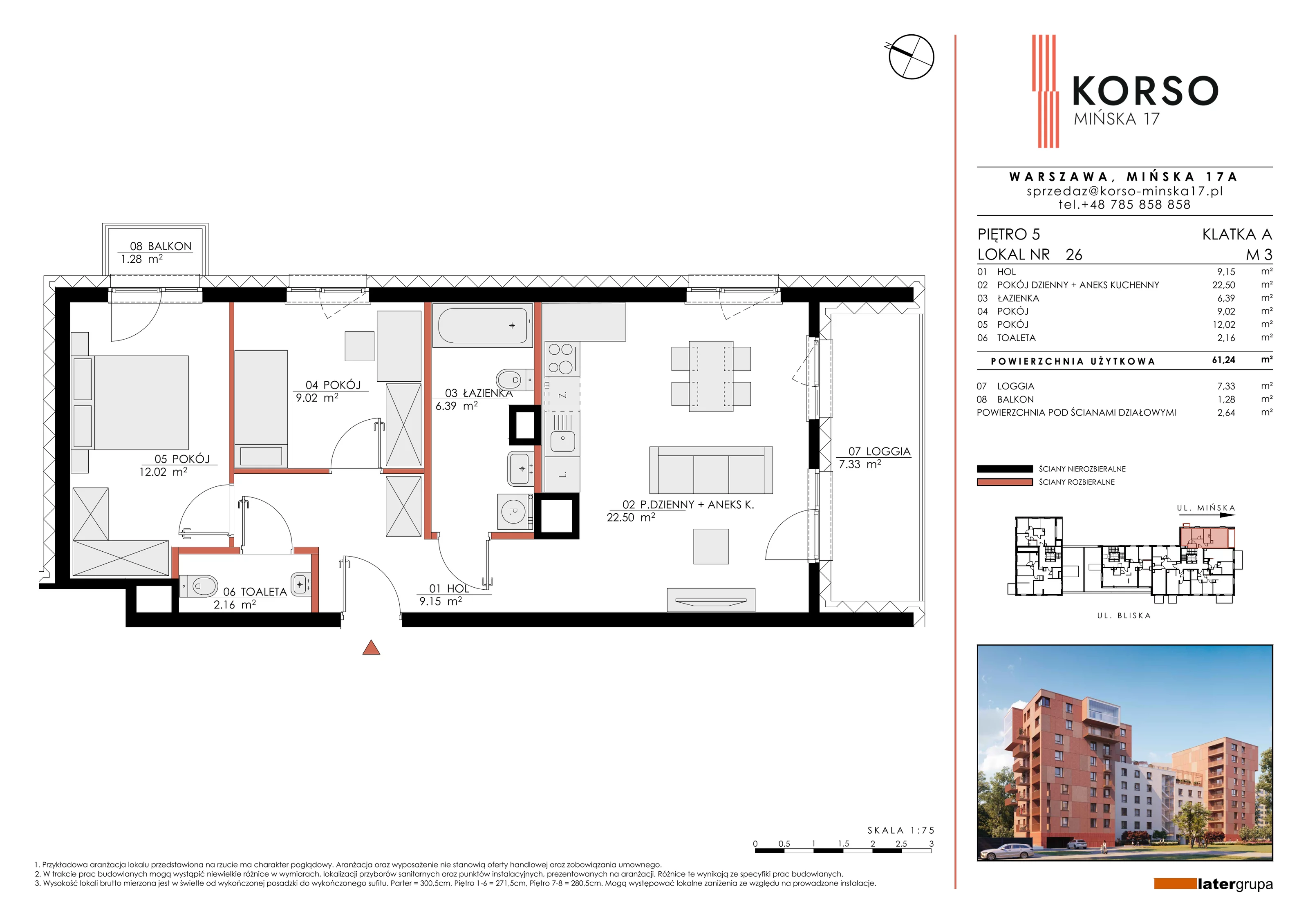 Mieszkanie 61,24 m², piętro 5, oferta nr 26, KORSO Mińska 17, Warszawa, Praga Południe, Kamionek, ul. Mińska 17