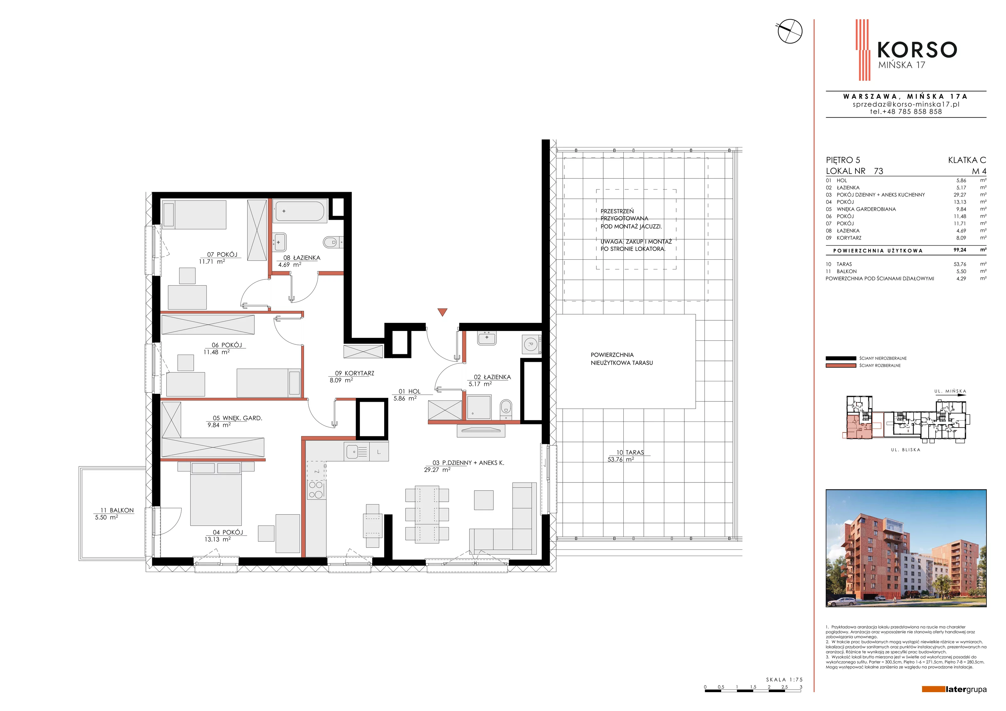 4 pokoje, mieszkanie 99,24 m², piętro 5, oferta nr 73, KORSO Mińska 17, Warszawa, Praga Południe, Kamionek, ul. Mińska 17