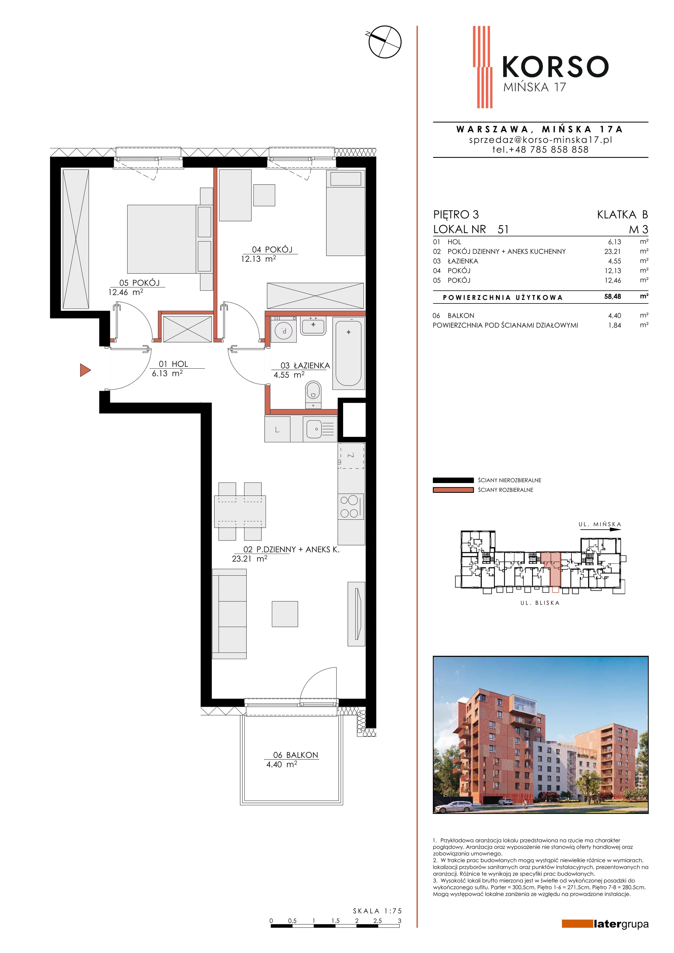 3 pokoje, mieszkanie 58,48 m², piętro 3, oferta nr 51, KORSO Mińska 17, Warszawa, Praga Południe, Kamionek, ul. Mińska 17