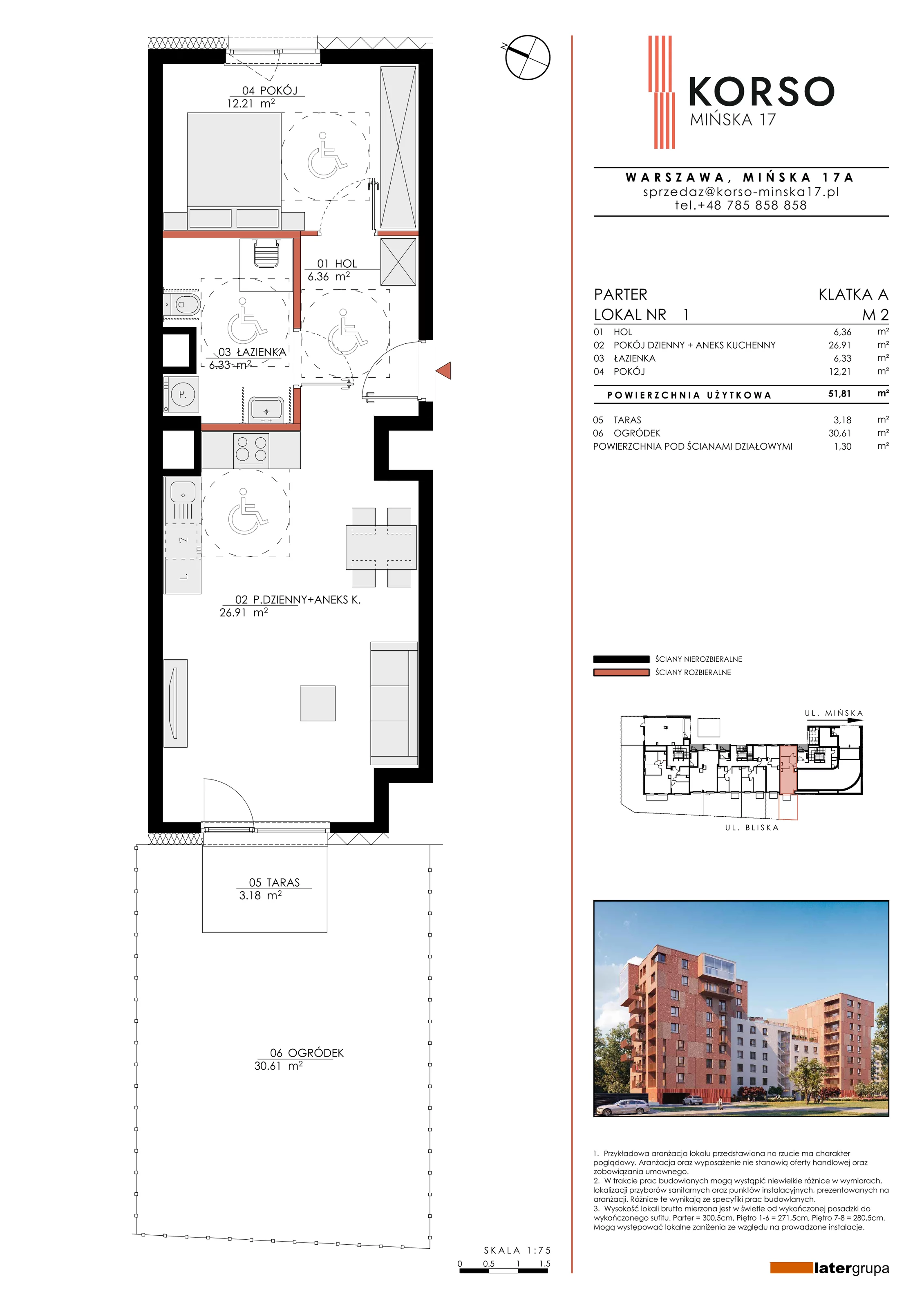 2 pokoje, apartament 51,81 m², parter, oferta nr 1, KORSO Mińska 17, Warszawa, Praga Południe, Kamionek, ul. Mińska 17