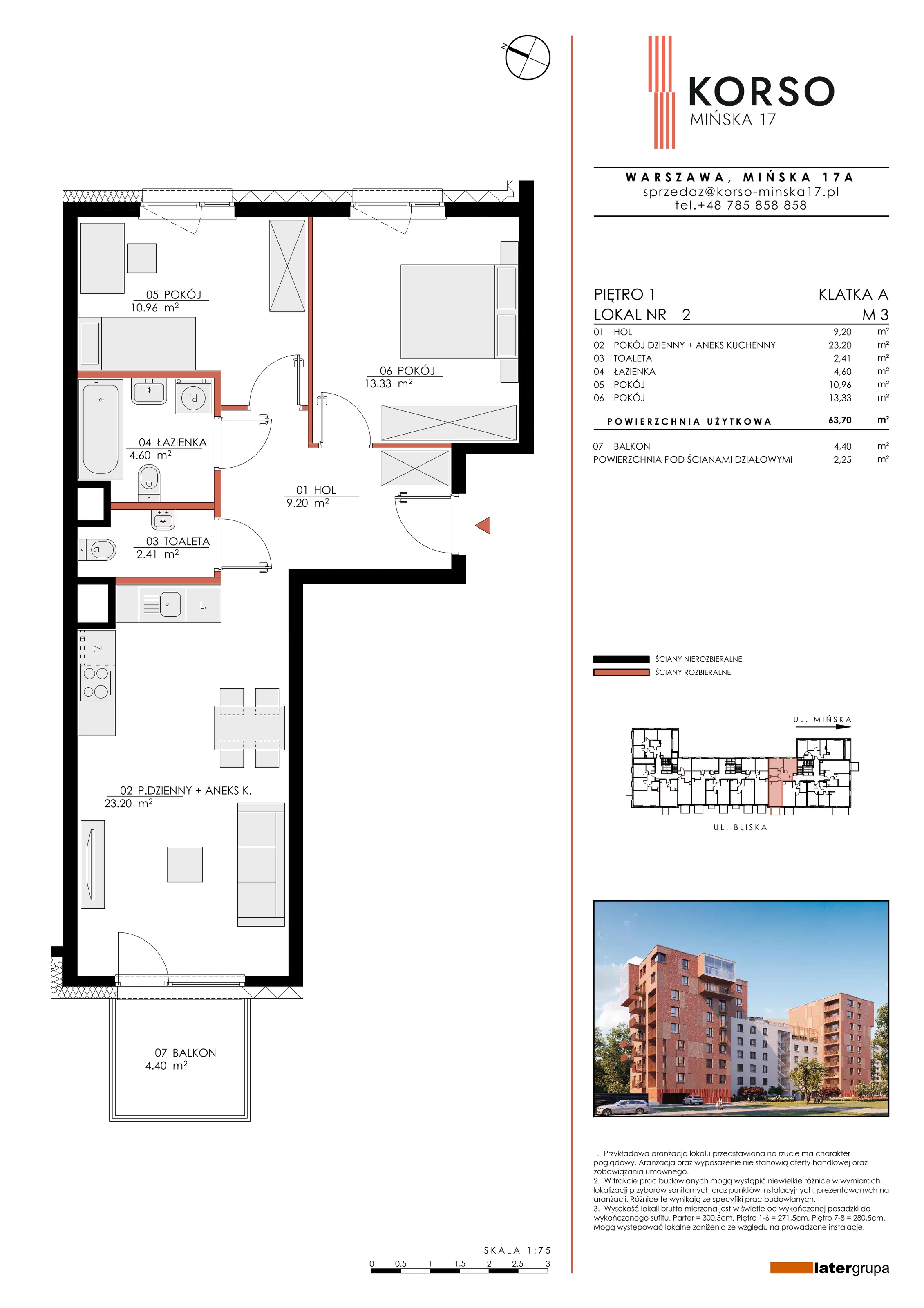 3 pokoje, apartament 63,70 m², piętro 1, oferta nr 2, KORSO Mińska 17, Warszawa, Praga Południe, Kamionek, ul. Mińska 17