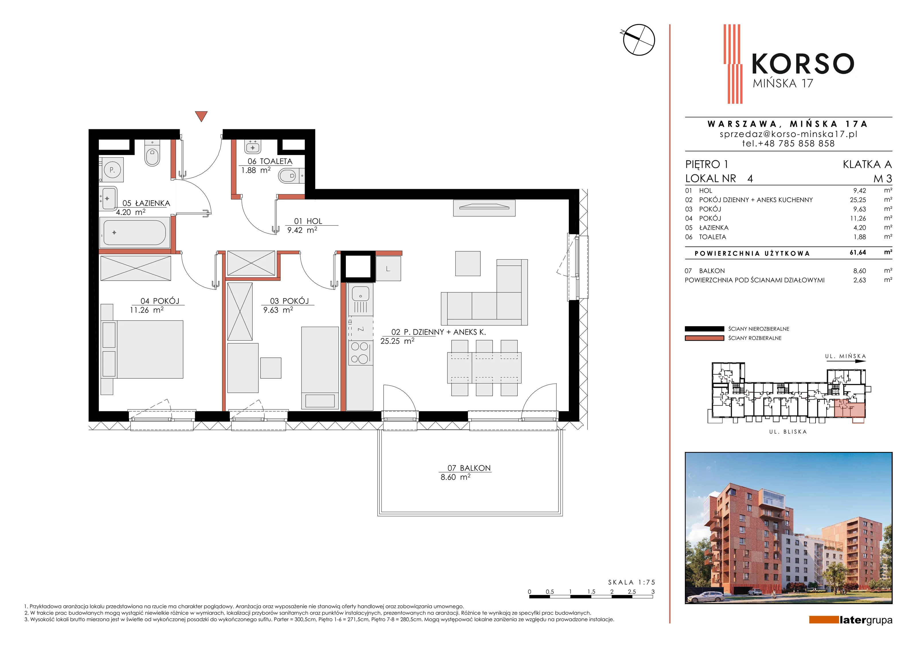 3 pokoje, apartament 61,64 m², piętro 1, oferta nr 4, KORSO Mińska 17, Warszawa, Praga Południe, Kamionek, ul. Mińska 17