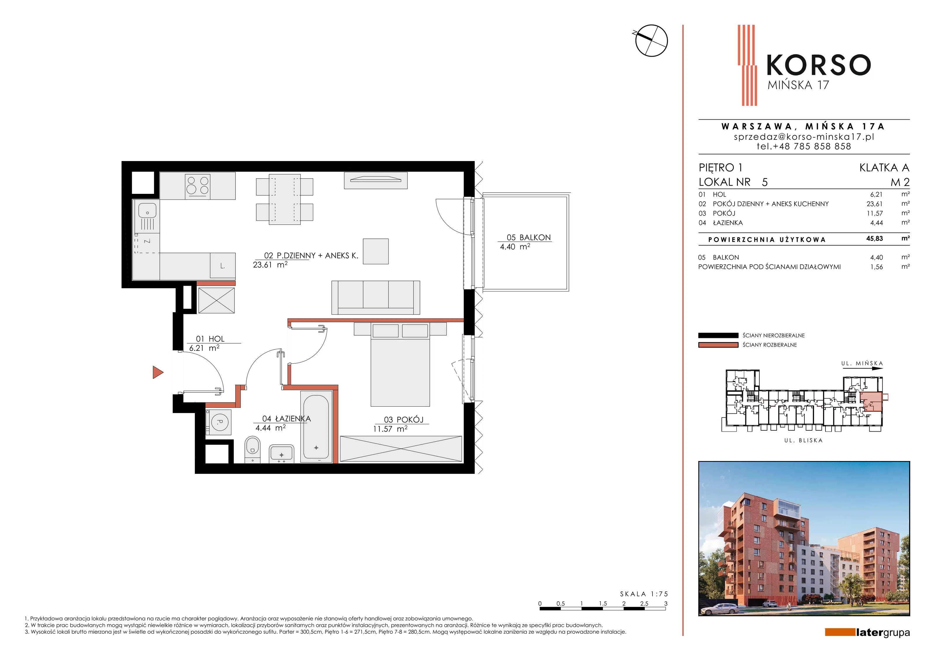 2 pokoje, apartament 45,83 m², piętro 1, oferta nr 5, KORSO Mińska 17, Warszawa, Praga Południe, Kamionek, ul. Mińska 17