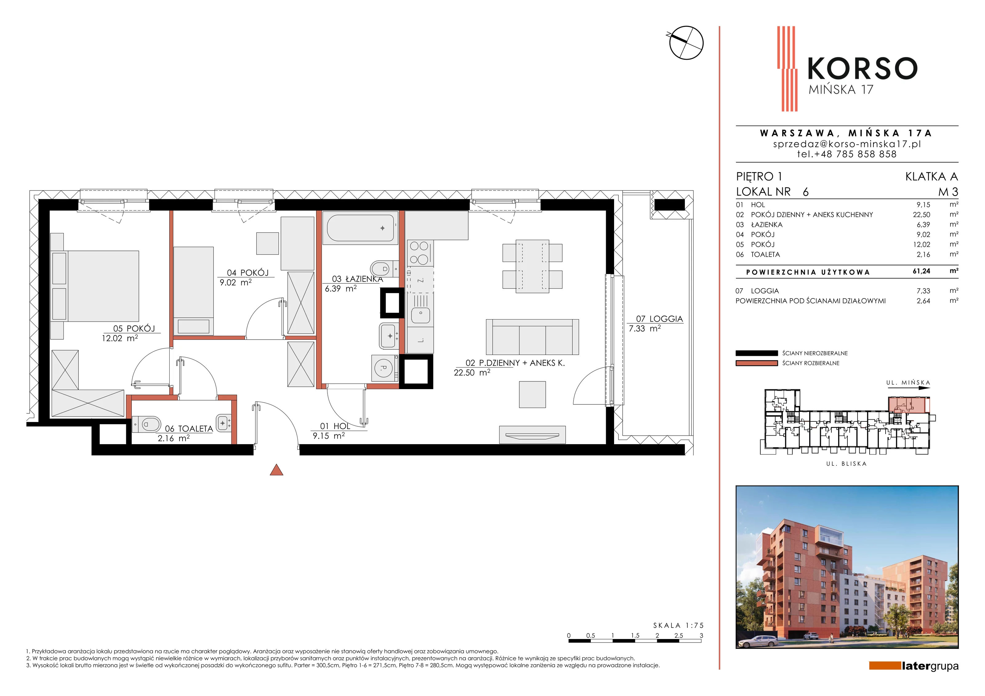 Mieszkanie 61,24 m², piętro 1, oferta nr 6, KORSO Mińska 17, Warszawa, Praga Południe, Kamionek, ul. Mińska 17