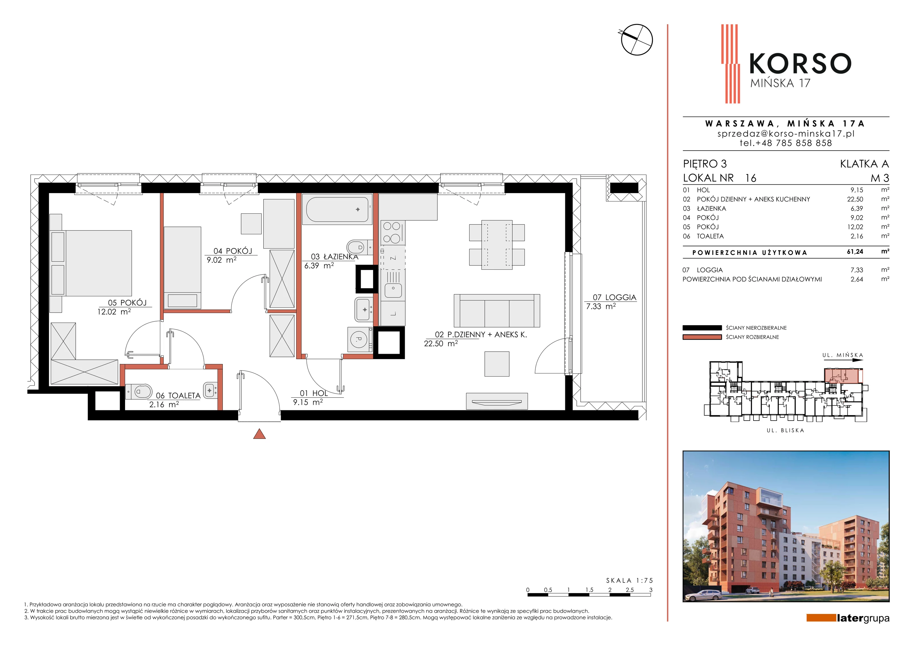 Mieszkanie 61,24 m², piętro 3, oferta nr 16, KORSO Mińska 17, Warszawa, Praga Południe, Kamionek, ul. Mińska 17