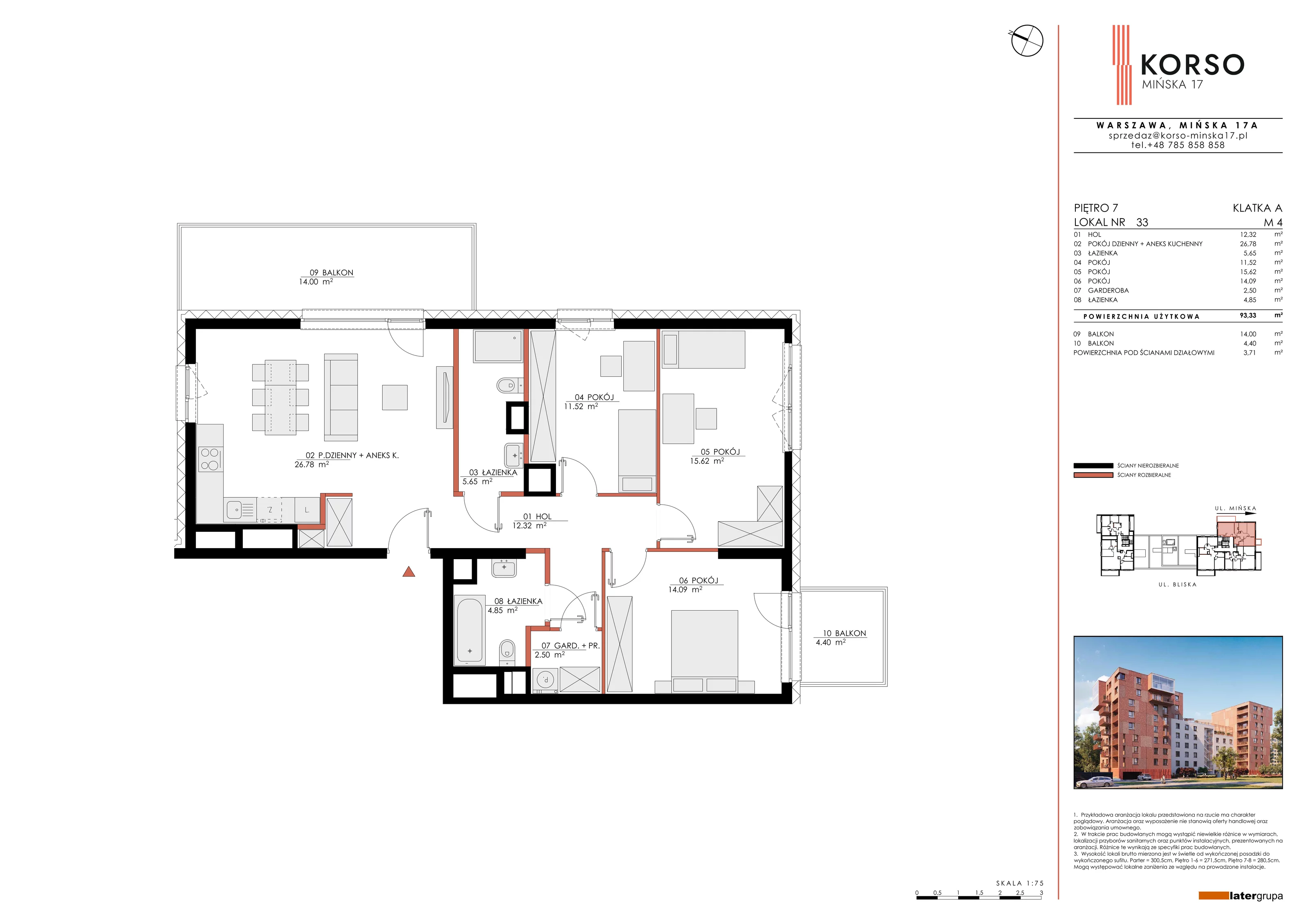 Mieszkanie 93,33 m², piętro 7, oferta nr 33, KORSO Mińska 17, Warszawa, Praga Południe, Kamionek, ul. Mińska 17