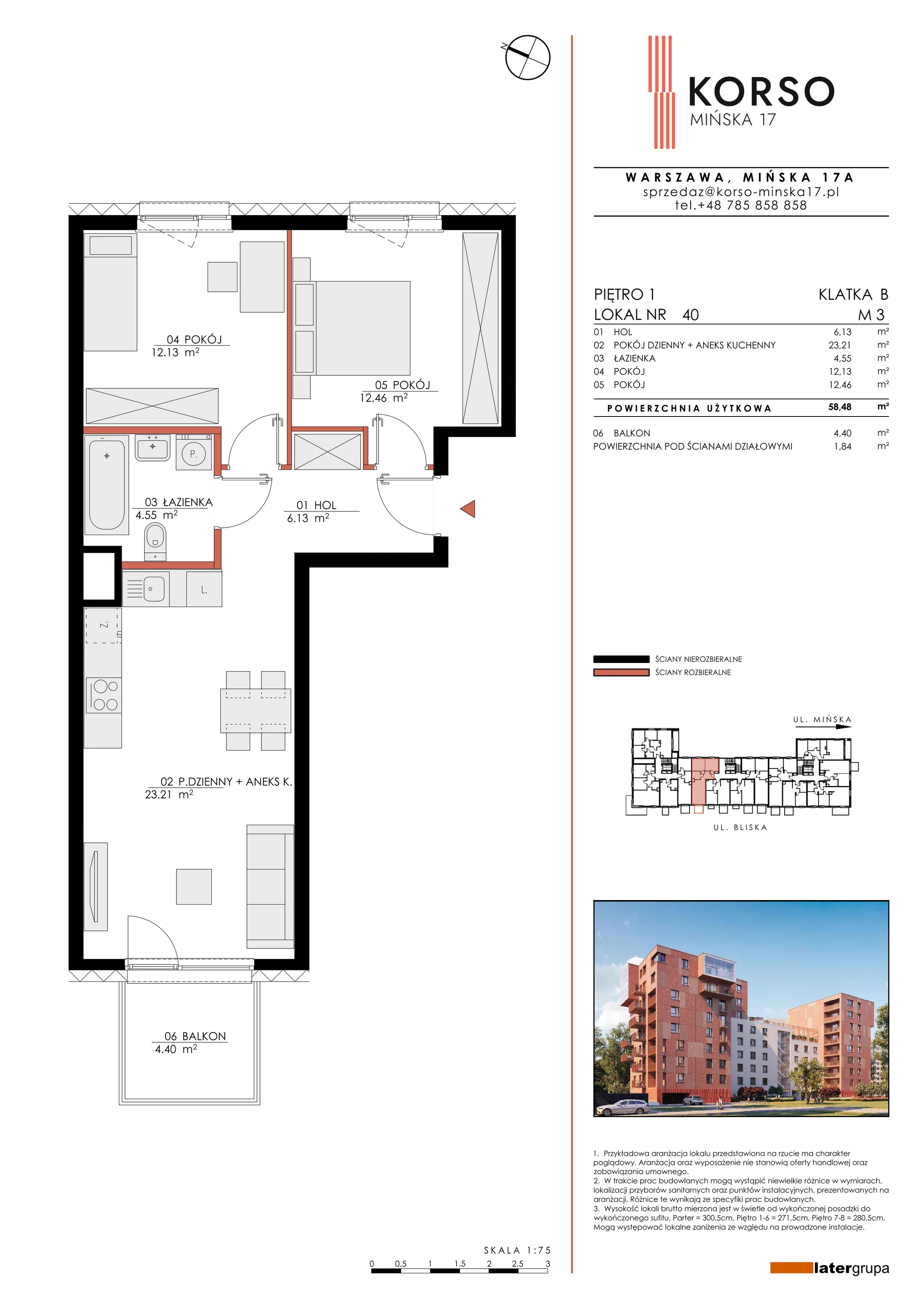 3 pokoje, mieszkanie 58,48 m², piętro 1, oferta nr 40, KORSO Mińska 17, Warszawa, Praga Południe, Kamionek, ul. Mińska 17