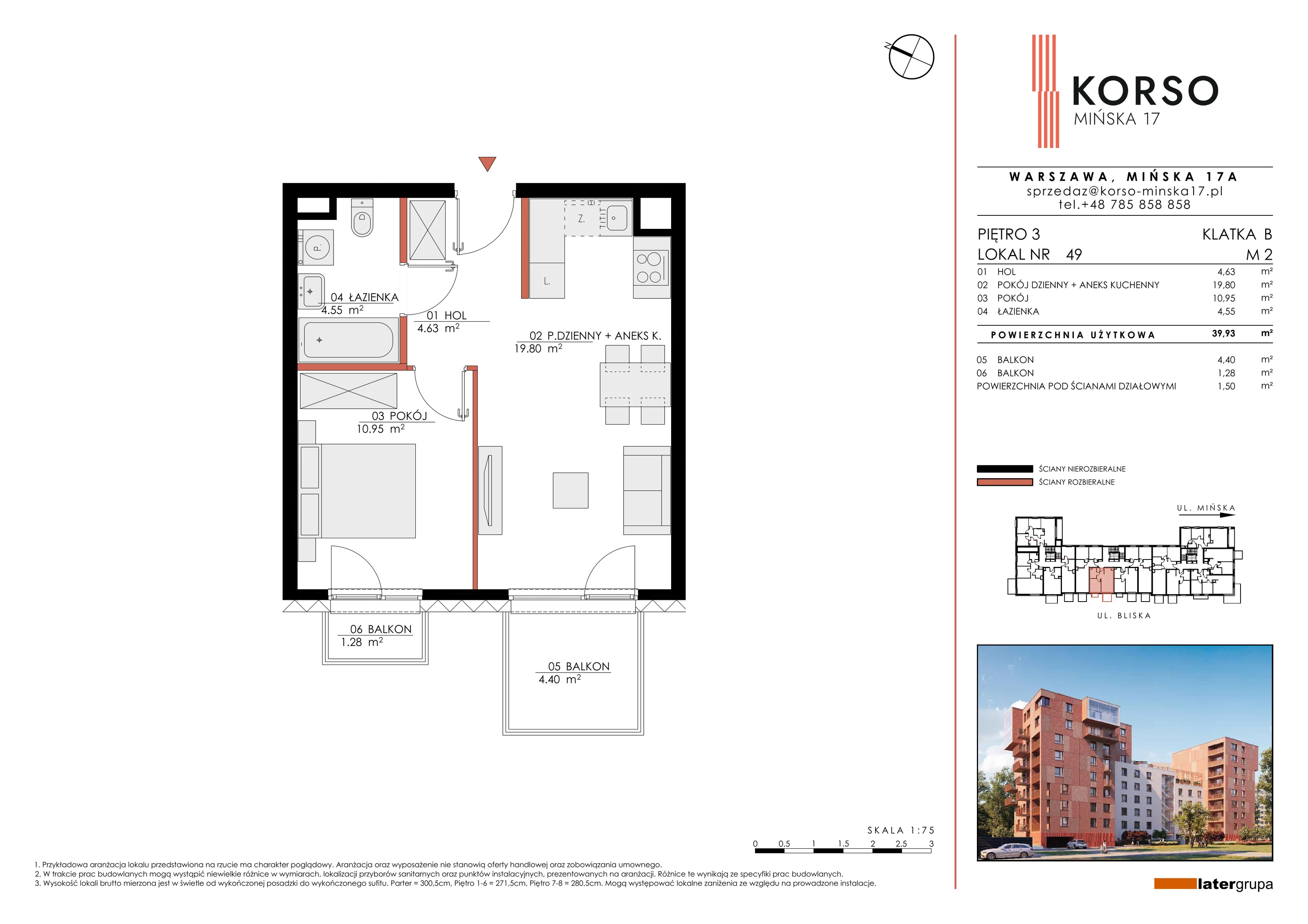 2 pokoje, apartament 39,93 m², piętro 3, oferta nr 49, KORSO Mińska 17, Warszawa, Praga Południe, Kamionek, ul. Mińska 17