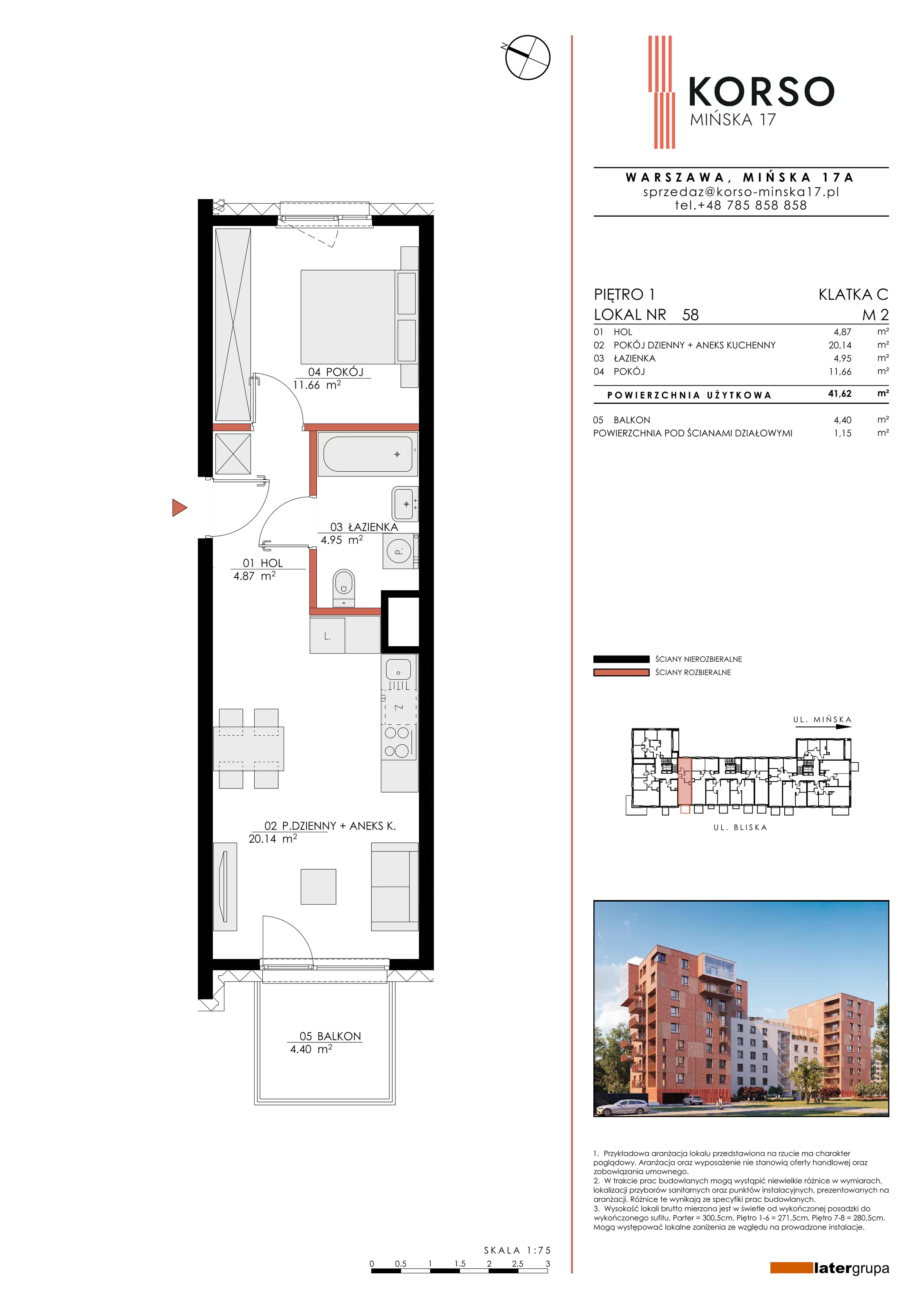 2 pokoje, apartament 41,62 m², piętro 1, oferta nr 58, KORSO Mińska 17, Warszawa, Praga Południe, Kamionek, ul. Mińska 17