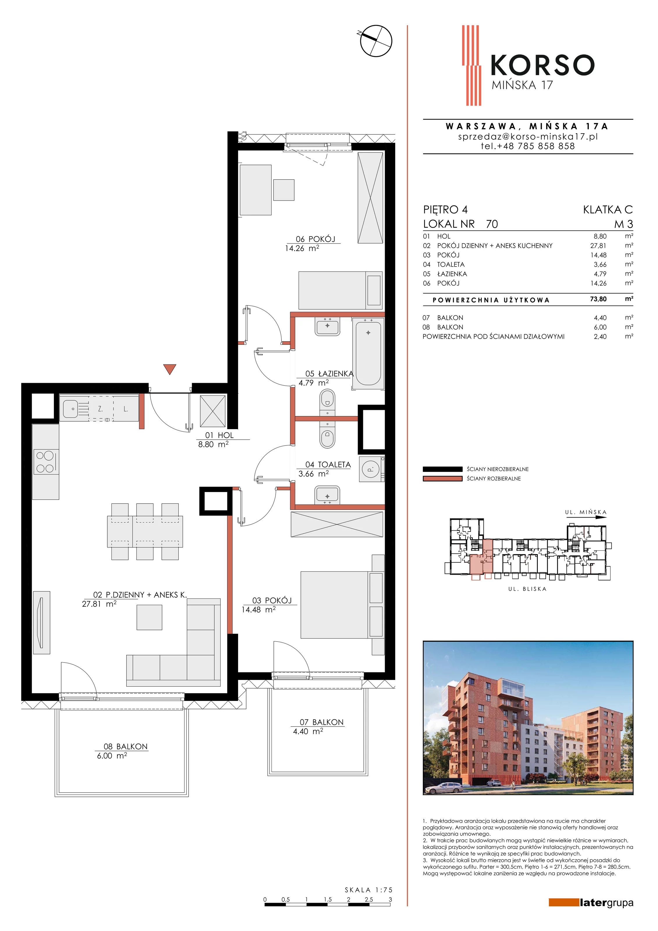 Mieszkanie 73,80 m², piętro 4, oferta nr 70, KORSO Mińska 17, Warszawa, Praga Południe, Kamionek, ul. Mińska 17