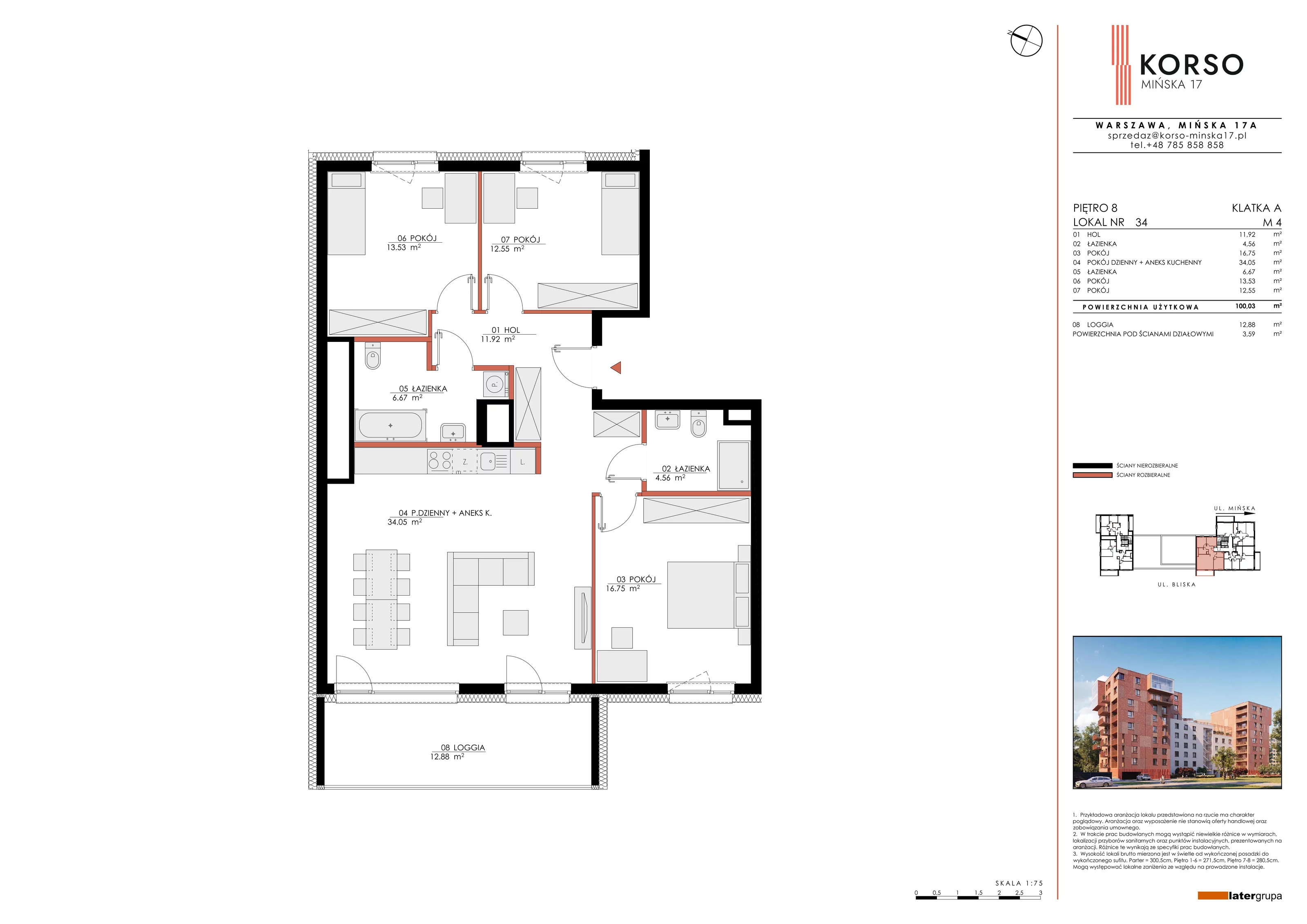 4 pokoje, apartament 100,03 m², piętro 8, oferta nr 34, KORSO Mińska 17, Warszawa, Praga Południe, Kamionek, ul. Mińska 17
