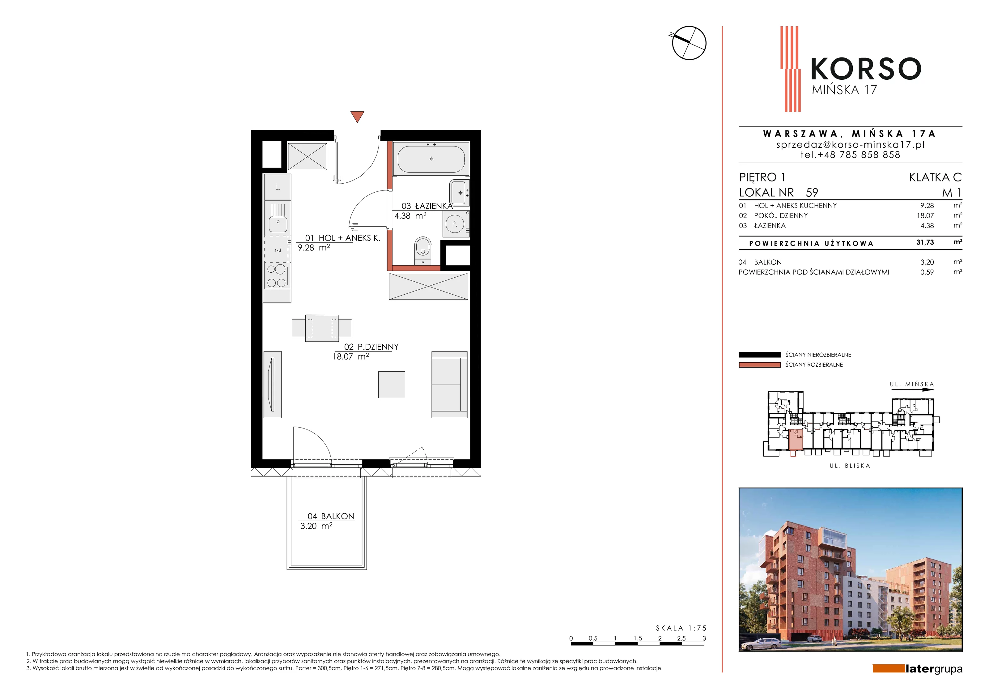 1 pokój, apartament 31,73 m², piętro 1, oferta nr 59, KORSO Mińska 17, Warszawa, Praga Południe, Kamionek, ul. Mińska 17