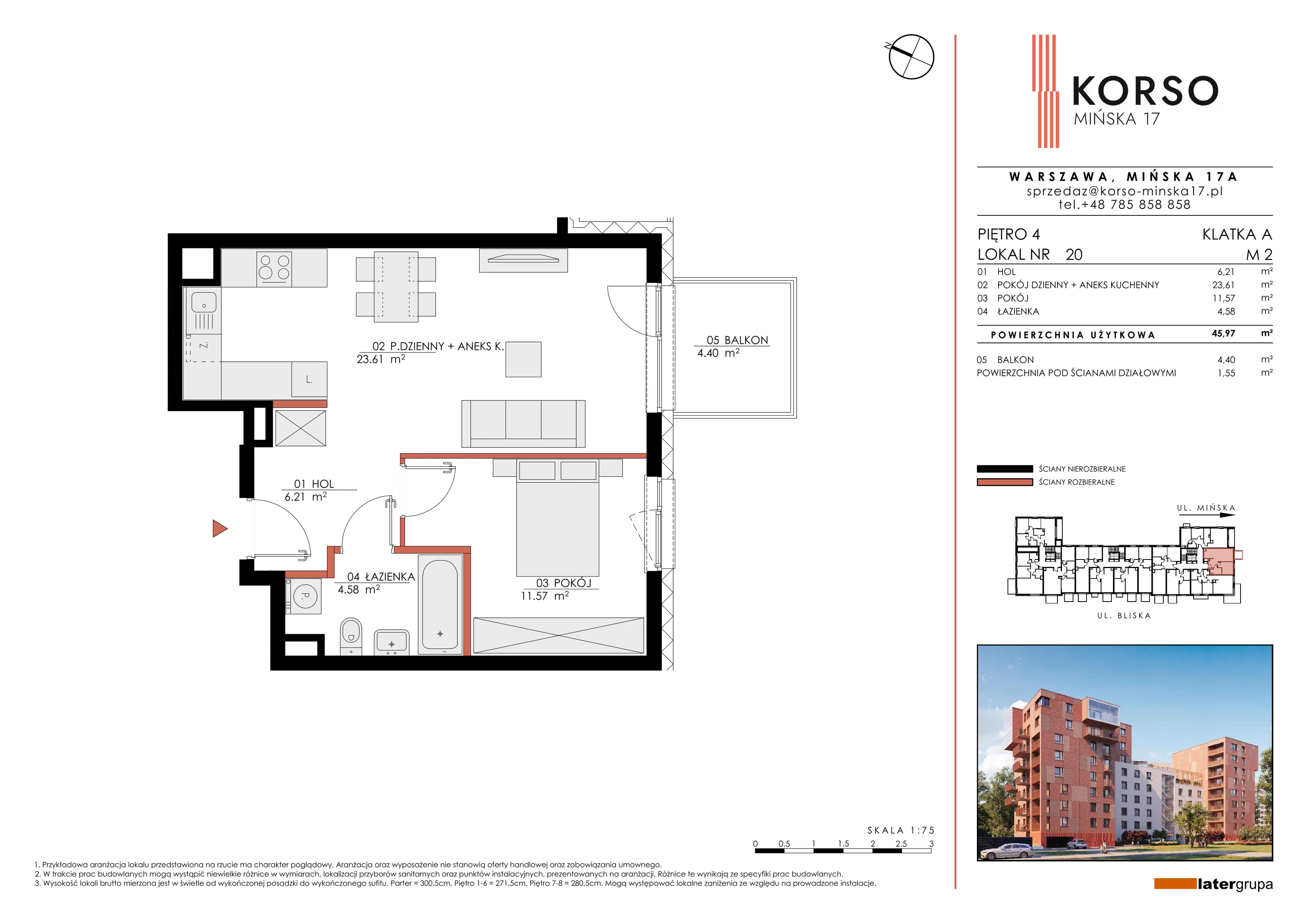 2 pokoje, apartament 45,97 m², piętro 4, oferta nr 20, KORSO Mińska 17, Warszawa, Praga Południe, Kamionek, ul. Mińska 17