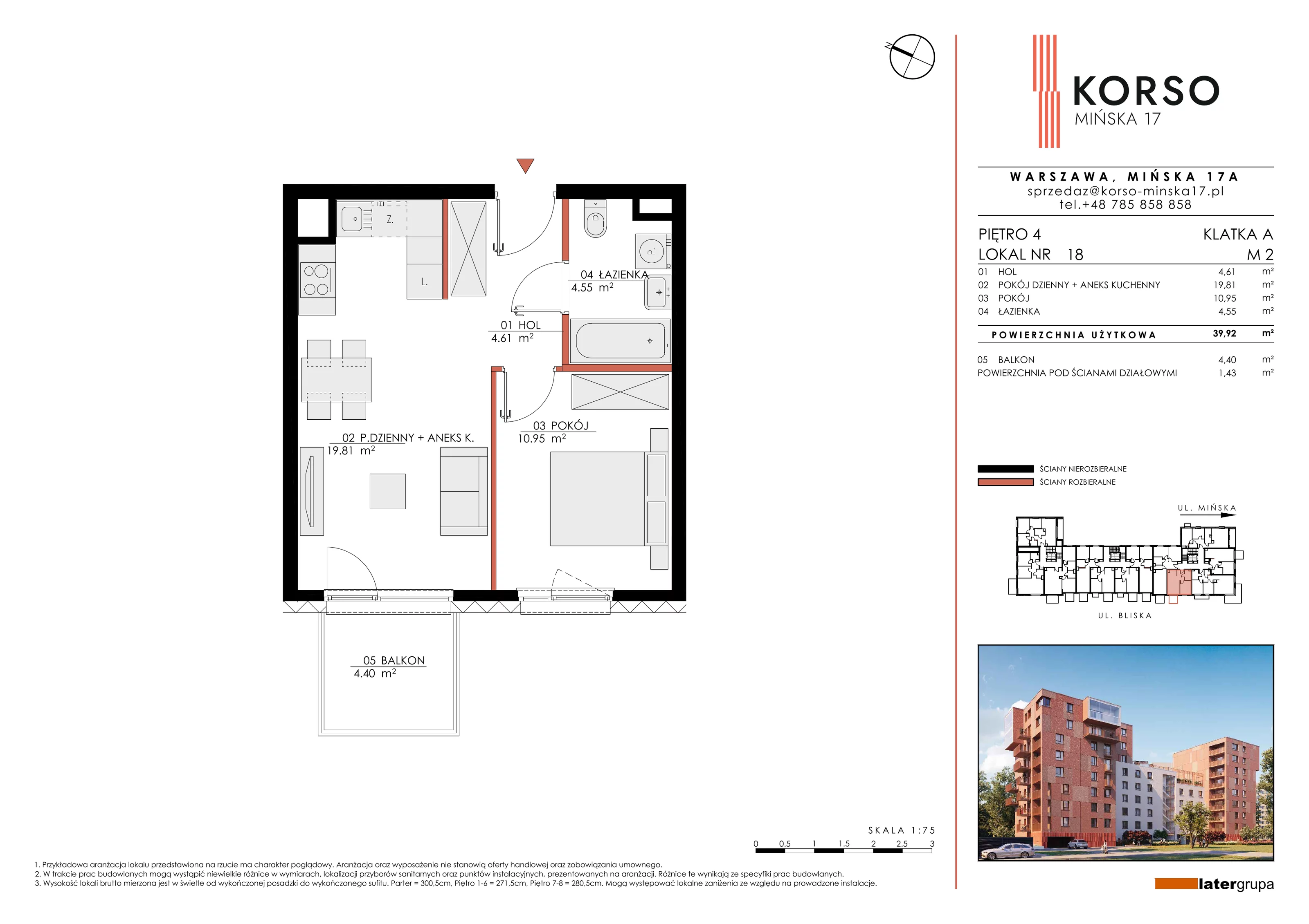 2 pokoje, mieszkanie 39,92 m², piętro 4, oferta nr 18, KORSO Mińska 17, Warszawa, Praga Południe, Kamionek, ul. Mińska 17