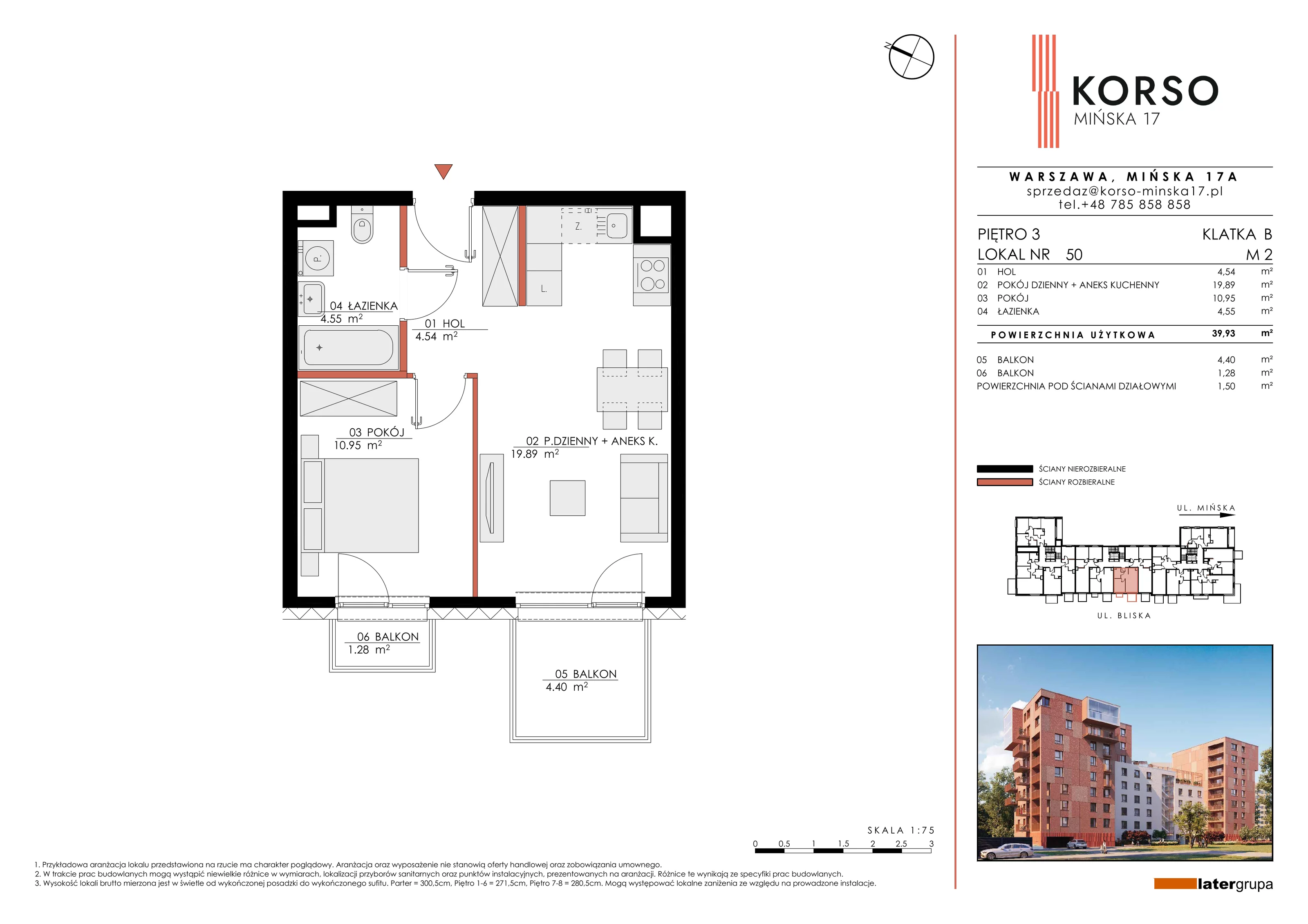2 pokoje, mieszkanie 39,93 m², piętro 3, oferta nr 50, KORSO Mińska 17, Warszawa, Praga Południe, Kamionek, ul. Mińska 17