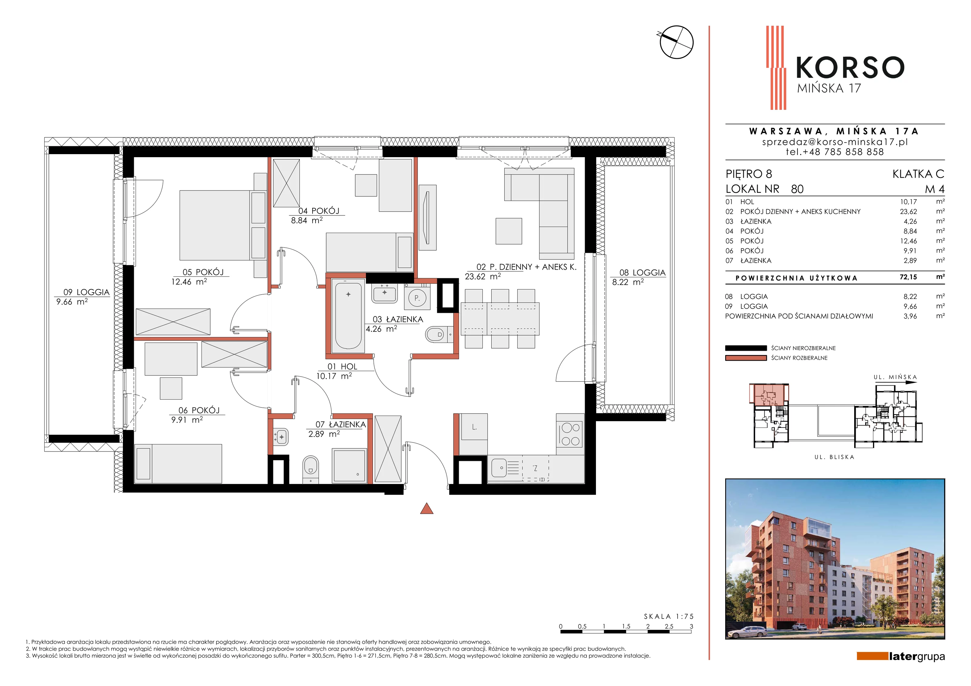 4 pokoje, apartament 72,15 m², piętro 8, oferta nr 80, KORSO Mińska 17, Warszawa, Praga Południe, Kamionek, ul. Mińska 17