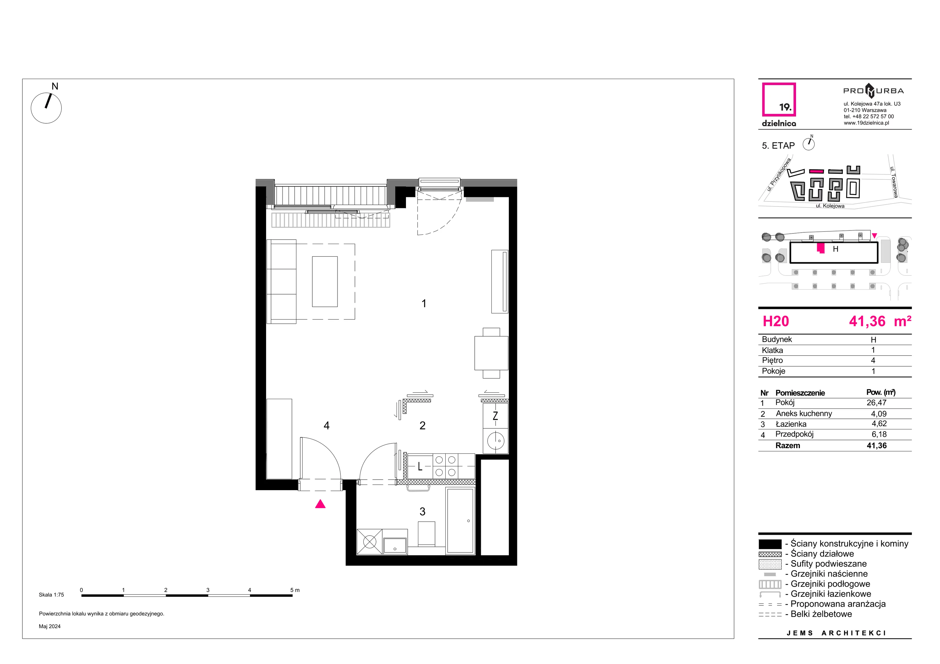 Mieszkanie 41,36 m², piętro 4, oferta nr H20, 19. Dzielnica V etap, Warszawa, Wola, Czyste, ul. Kolejowa 49