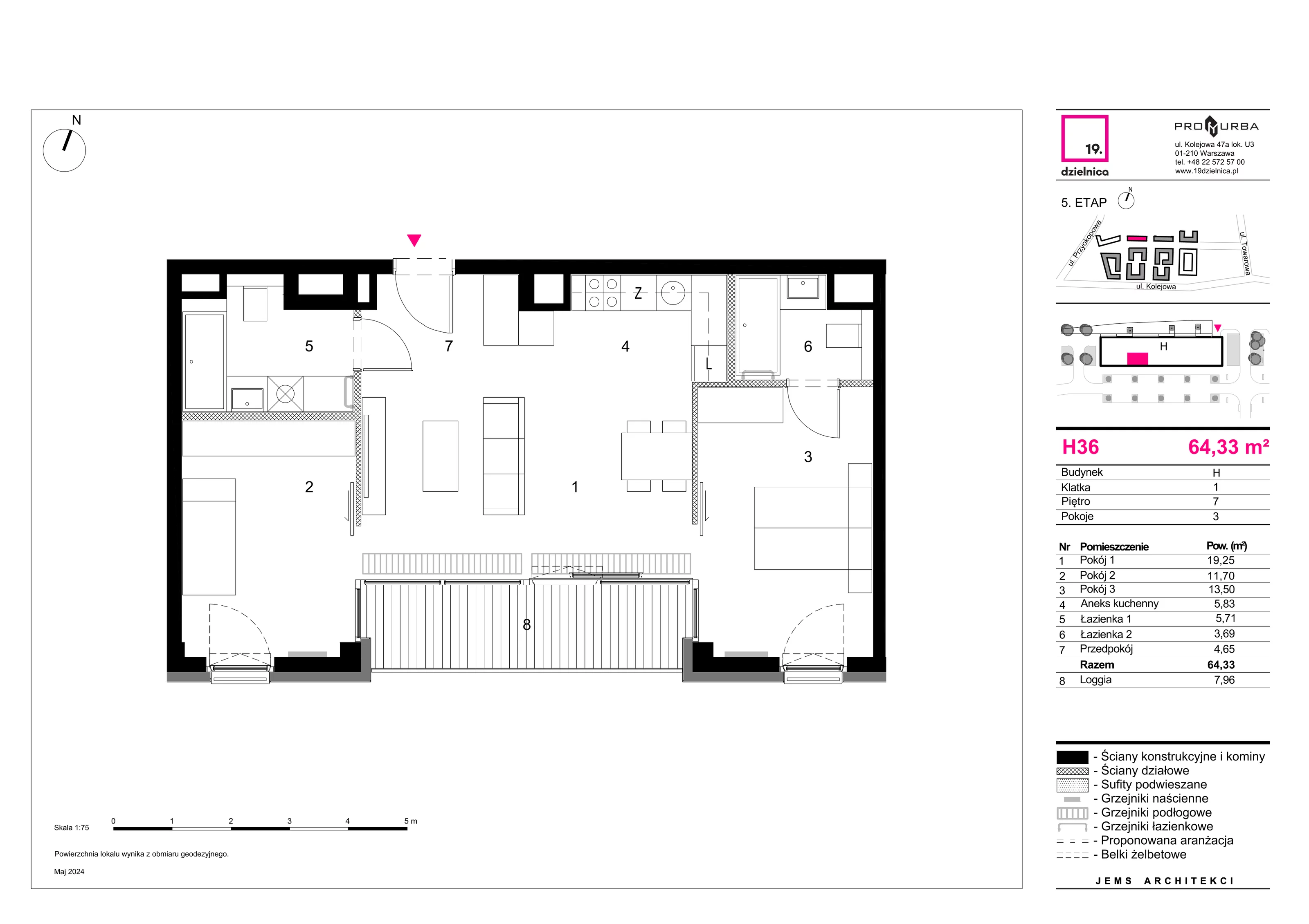 Mieszkanie 64,33 m², piętro 7, oferta nr H36, 19. Dzielnica V etap, Warszawa, Wola, Czyste, ul. Kolejowa 49-idx