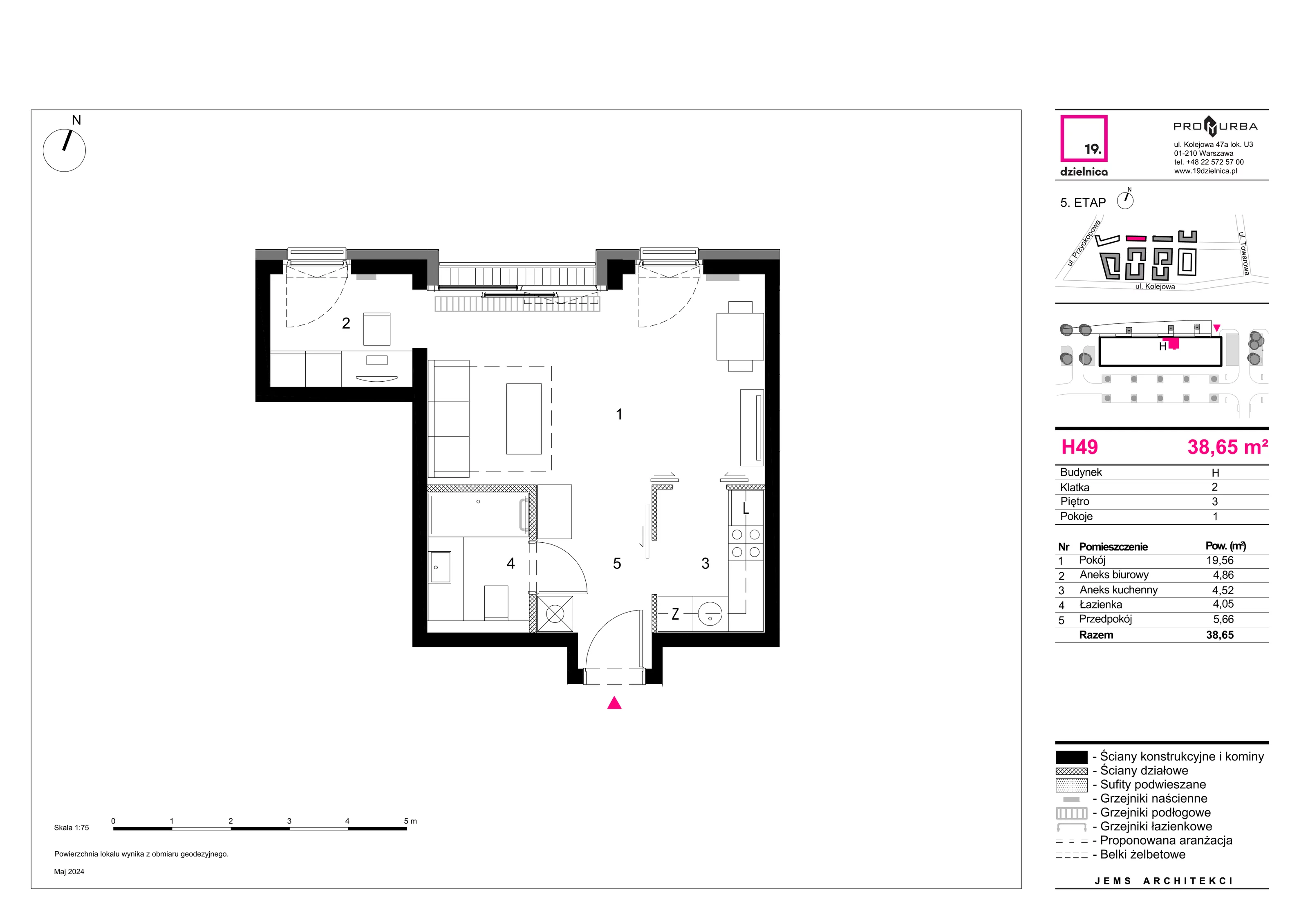 Mieszkanie 38,65 m², piętro 3, oferta nr H49, 19. Dzielnica V etap, Warszawa, Wola, Czyste, ul. Kolejowa 49