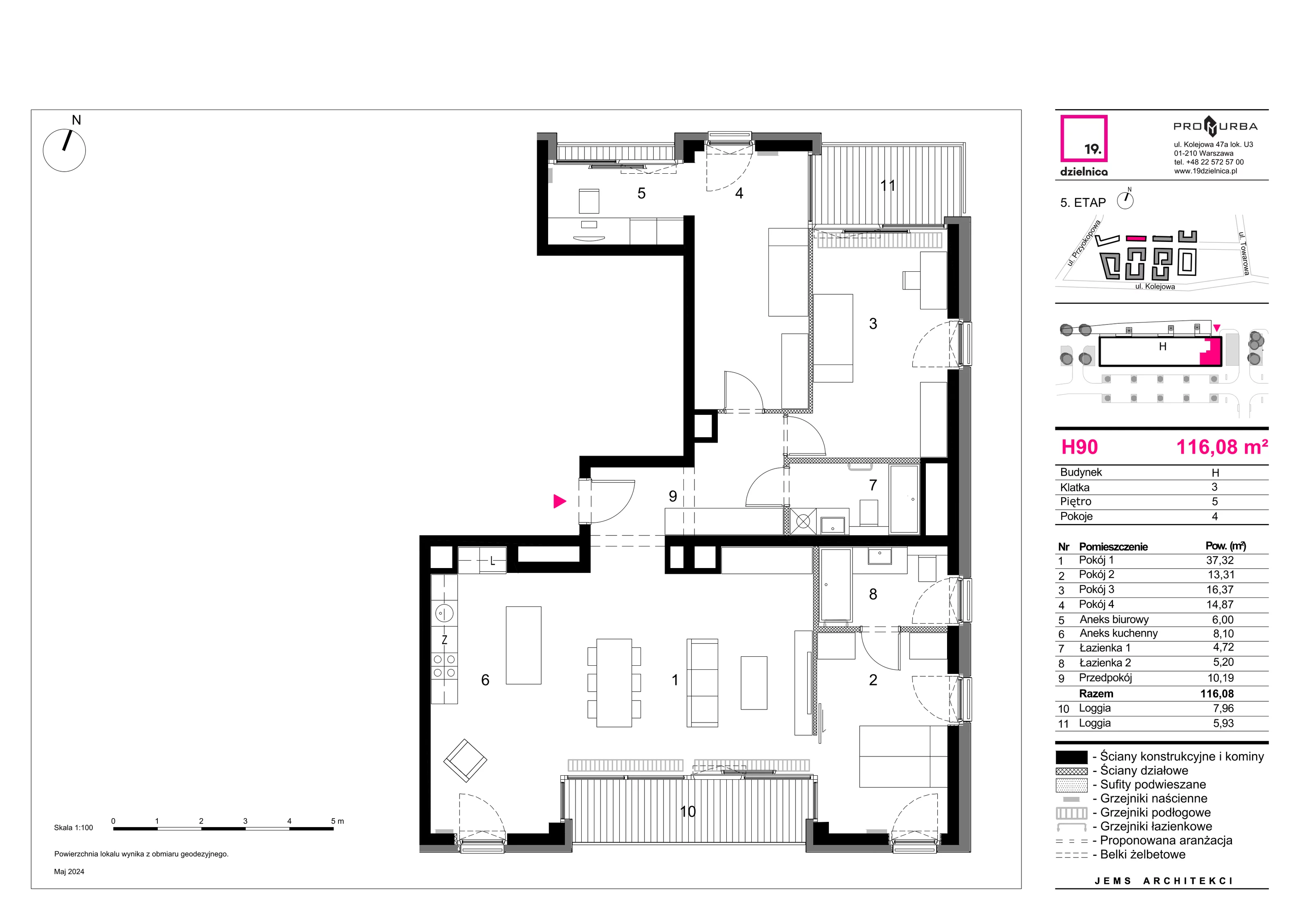 Mieszkanie 116,08 m², piętro 5, oferta nr H90, 19. Dzielnica V etap, Warszawa, Wola, Czyste, ul. Kolejowa 49-idx