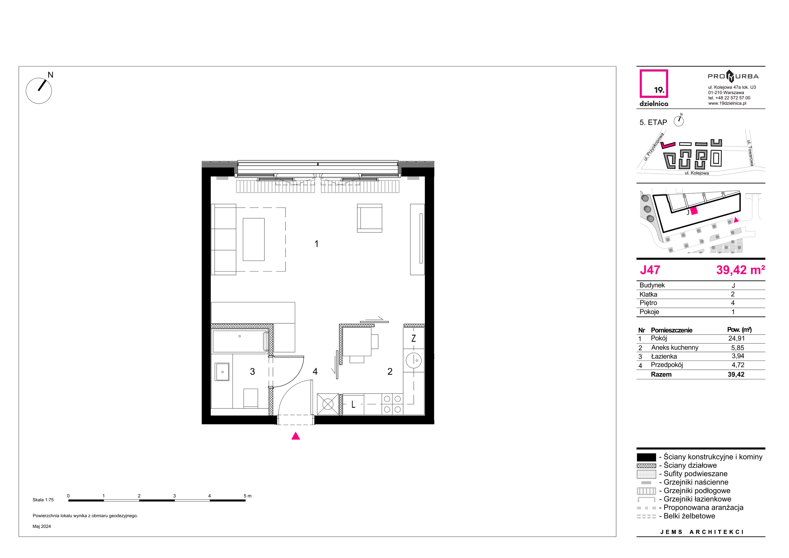 Mieszkanie 39,42 m², piętro 4, oferta nr J47, 19. Dzielnica V etap, Warszawa, Wola, Czyste, ul. Kolejowa 49