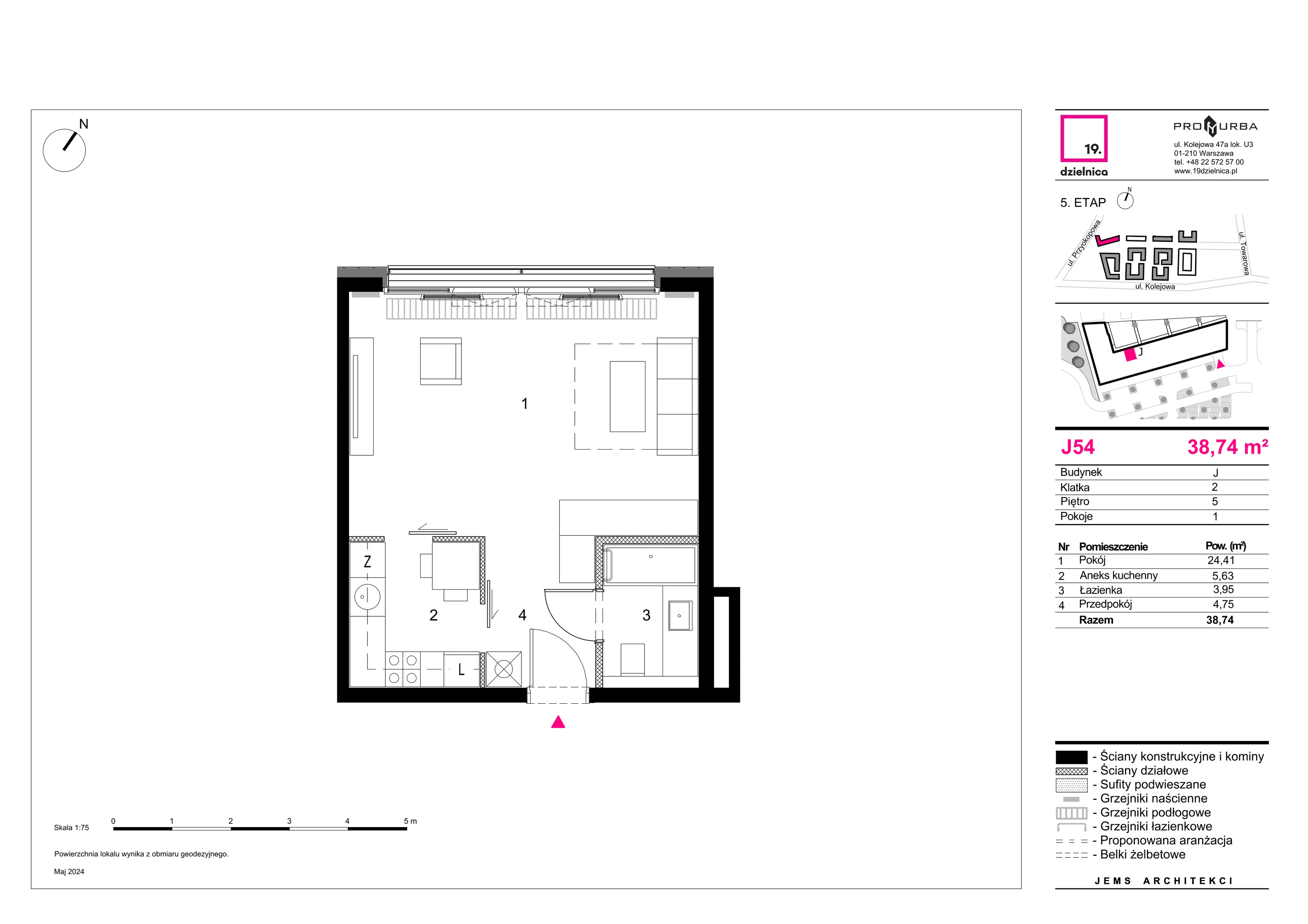 Mieszkanie 38,74 m², piętro 5, oferta nr J54, 19. Dzielnica V etap, Warszawa, Wola, Czyste, ul. Kolejowa 49