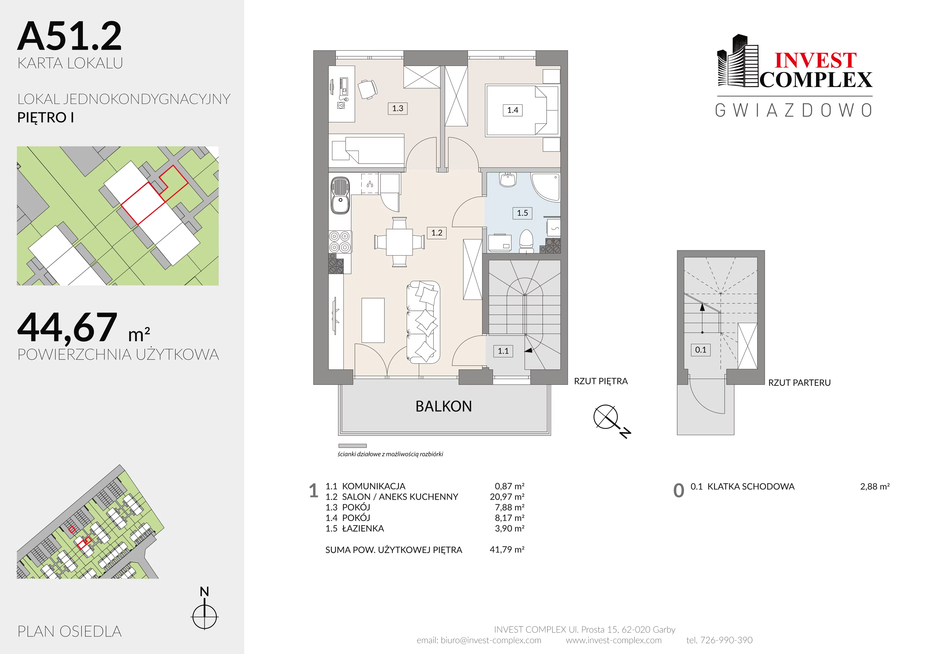 3 pokoje, mieszkanie 44,67 m², piętro 1, oferta nr A51/2, Osiedle Gwiazdowo, Gwiazdowo, ul. Półwiejska