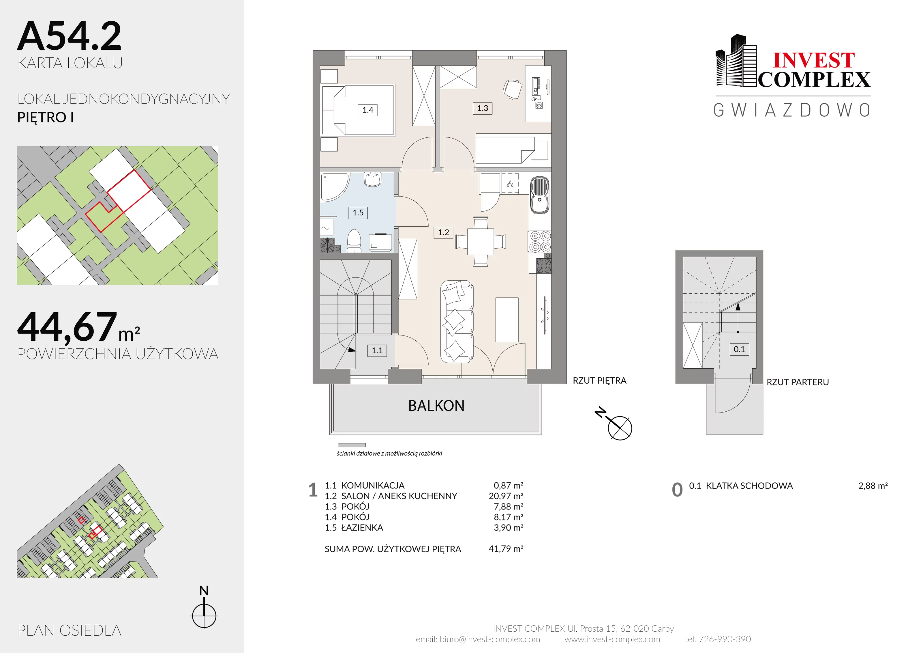 3 pokoje, mieszkanie 44,67 m², piętro 1, oferta nr A54/2, Osiedle Gwiazdowo, Gwiazdowo, ul. Półwiejska