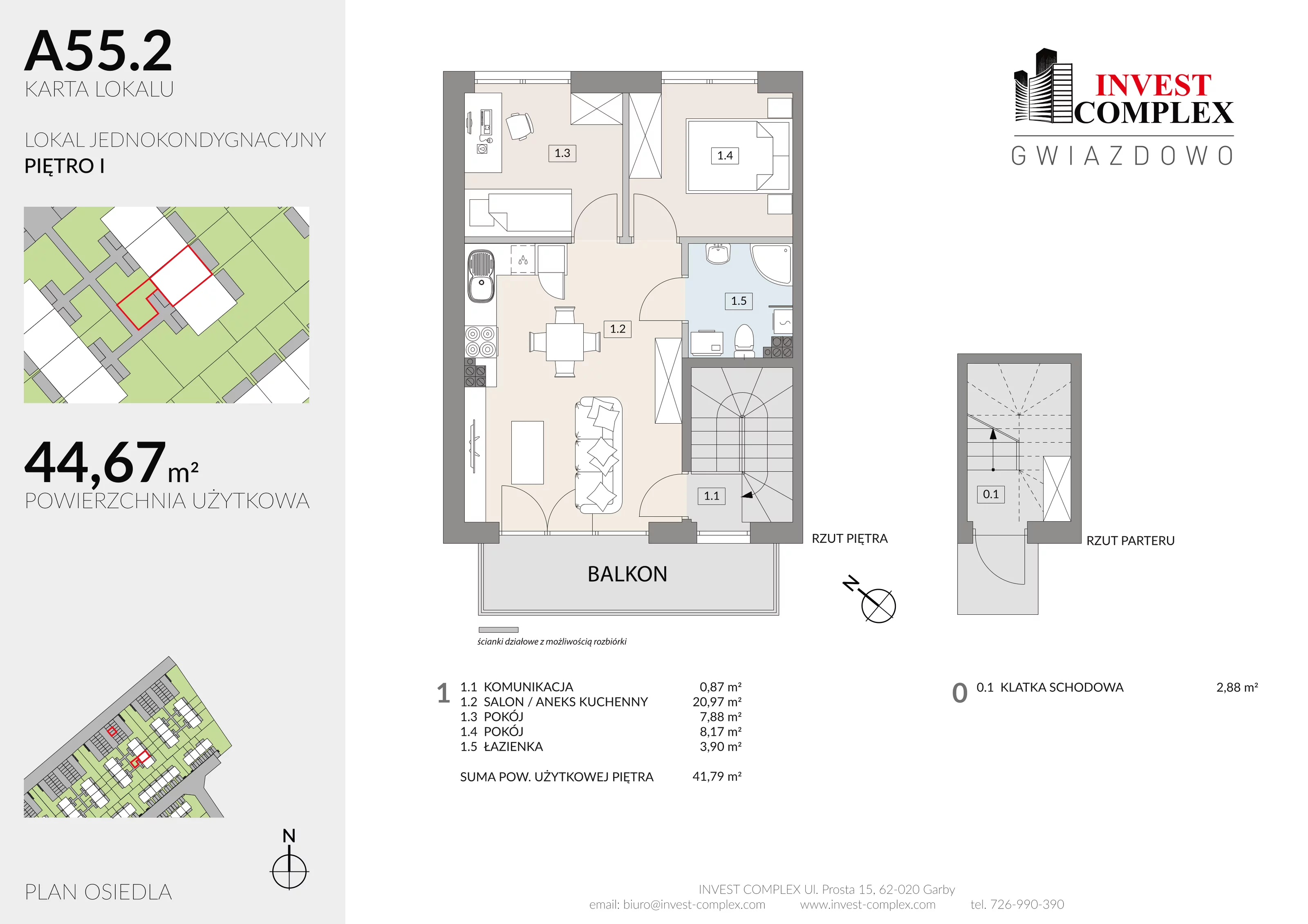 3 pokoje, mieszkanie 44,67 m², piętro 1, oferta nr A55/2, Osiedle Gwiazdowo, Gwiazdowo, ul. Półwiejska