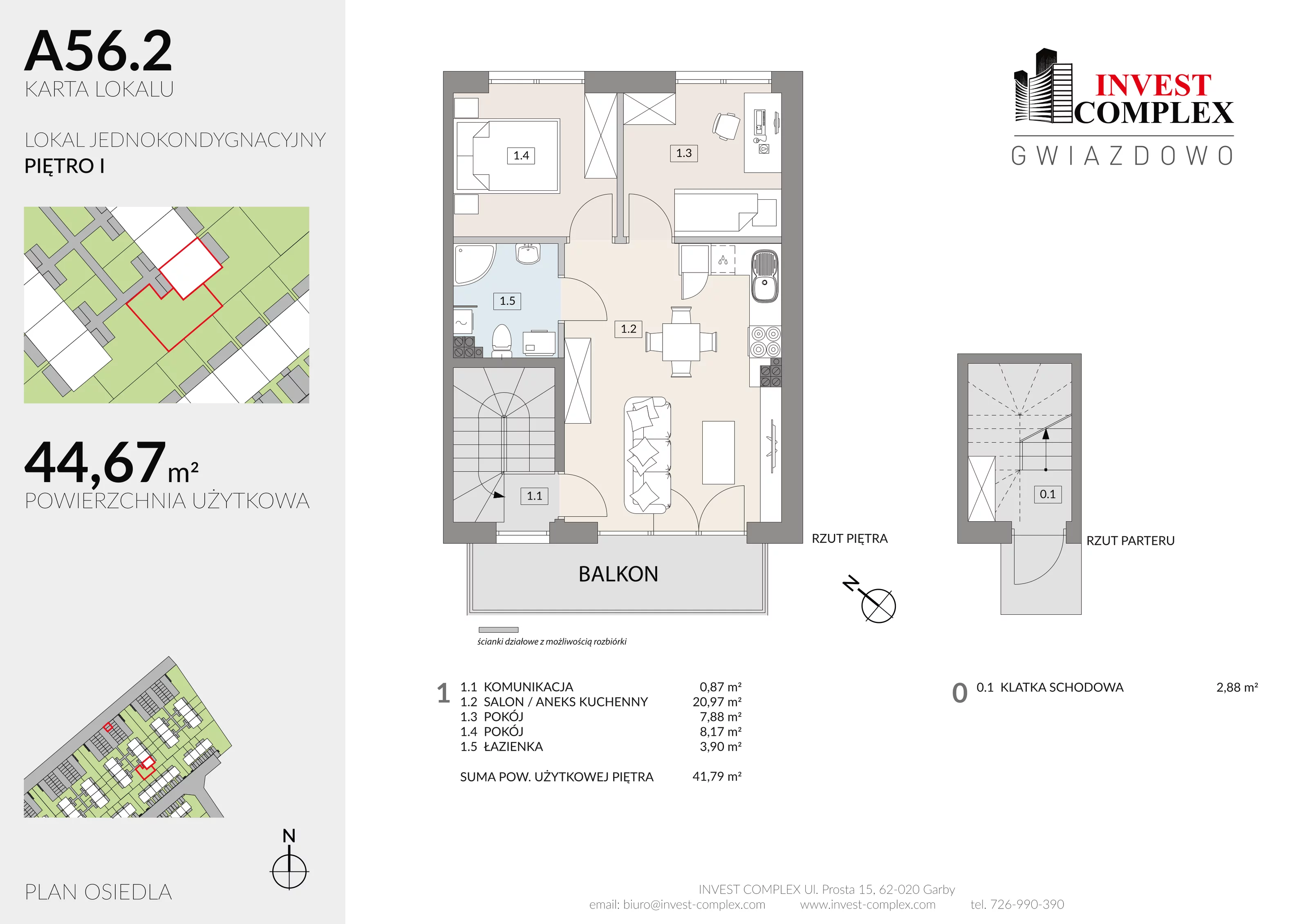 3 pokoje, mieszkanie 44,67 m², piętro 1, oferta nr A56/2, Osiedle Gwiazdowo, Gwiazdowo, ul. Półwiejska