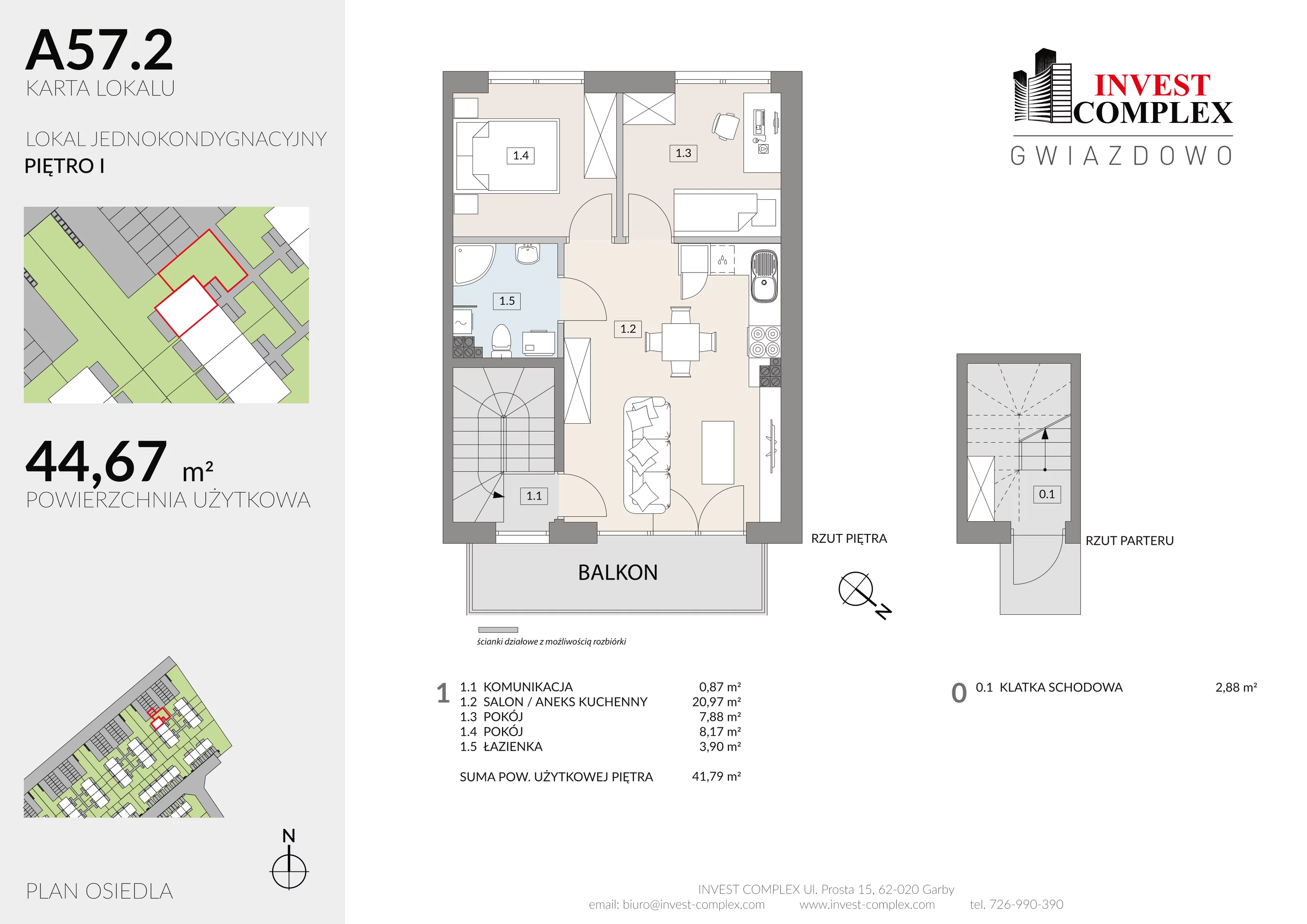 3 pokoje, mieszkanie 44,67 m², piętro 1, oferta nr A57/2, Osiedle Gwiazdowo, Gwiazdowo, ul. Półwiejska