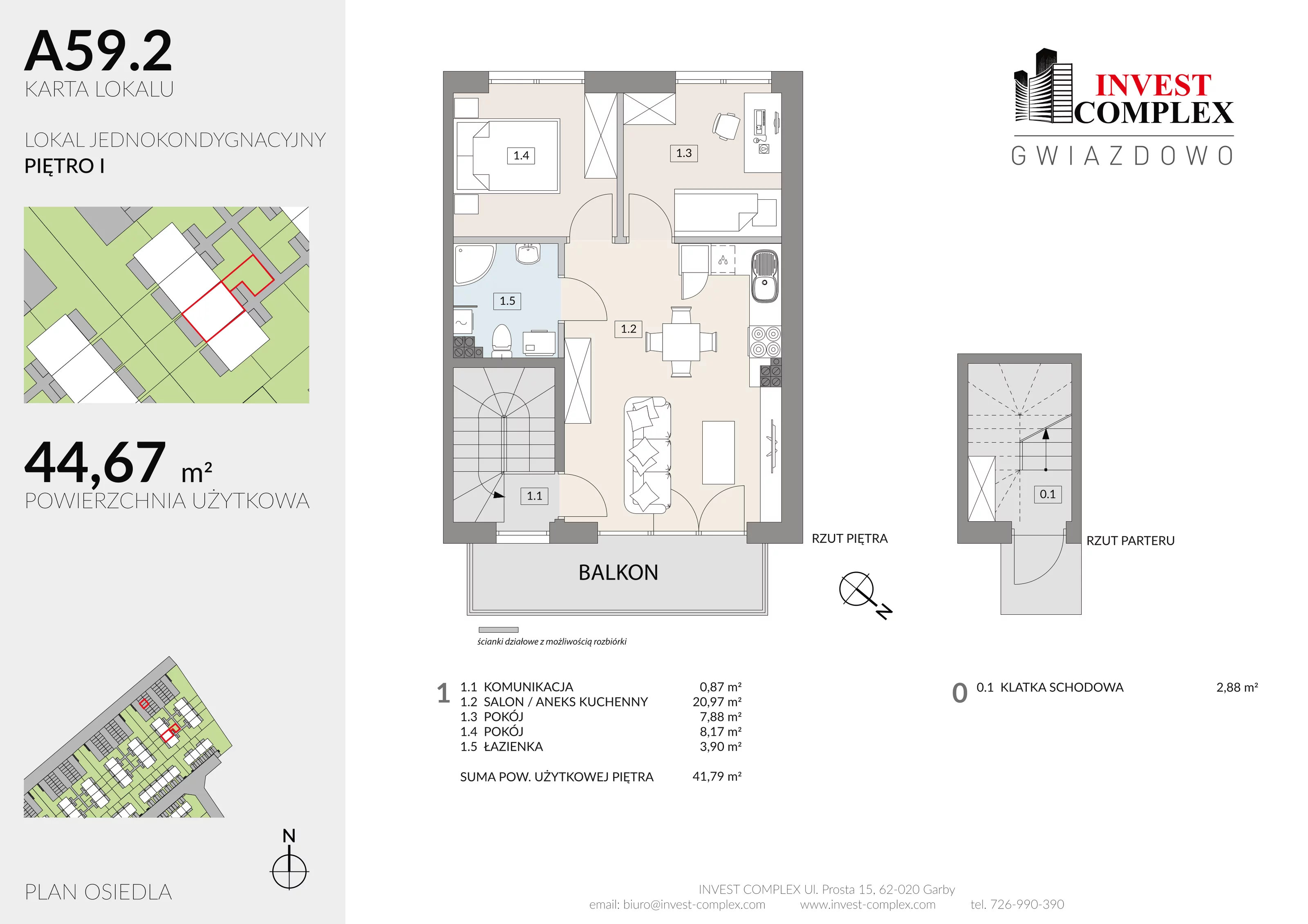 3 pokoje, mieszkanie 44,67 m², piętro 1, oferta nr A59/2, Osiedle Gwiazdowo, Gwiazdowo, ul. Półwiejska