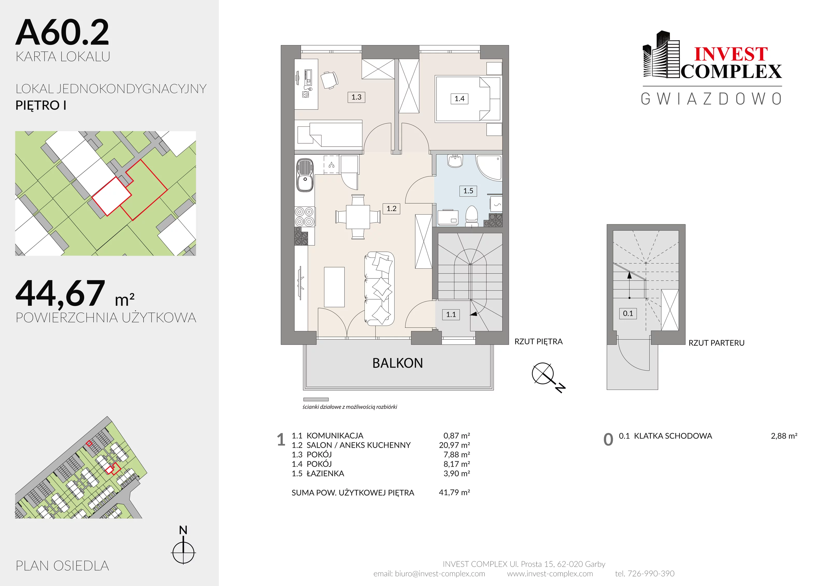 3 pokoje, mieszkanie 44,67 m², piętro 1, oferta nr A60/2, Osiedle Gwiazdowo, Gwiazdowo, ul. Półwiejska